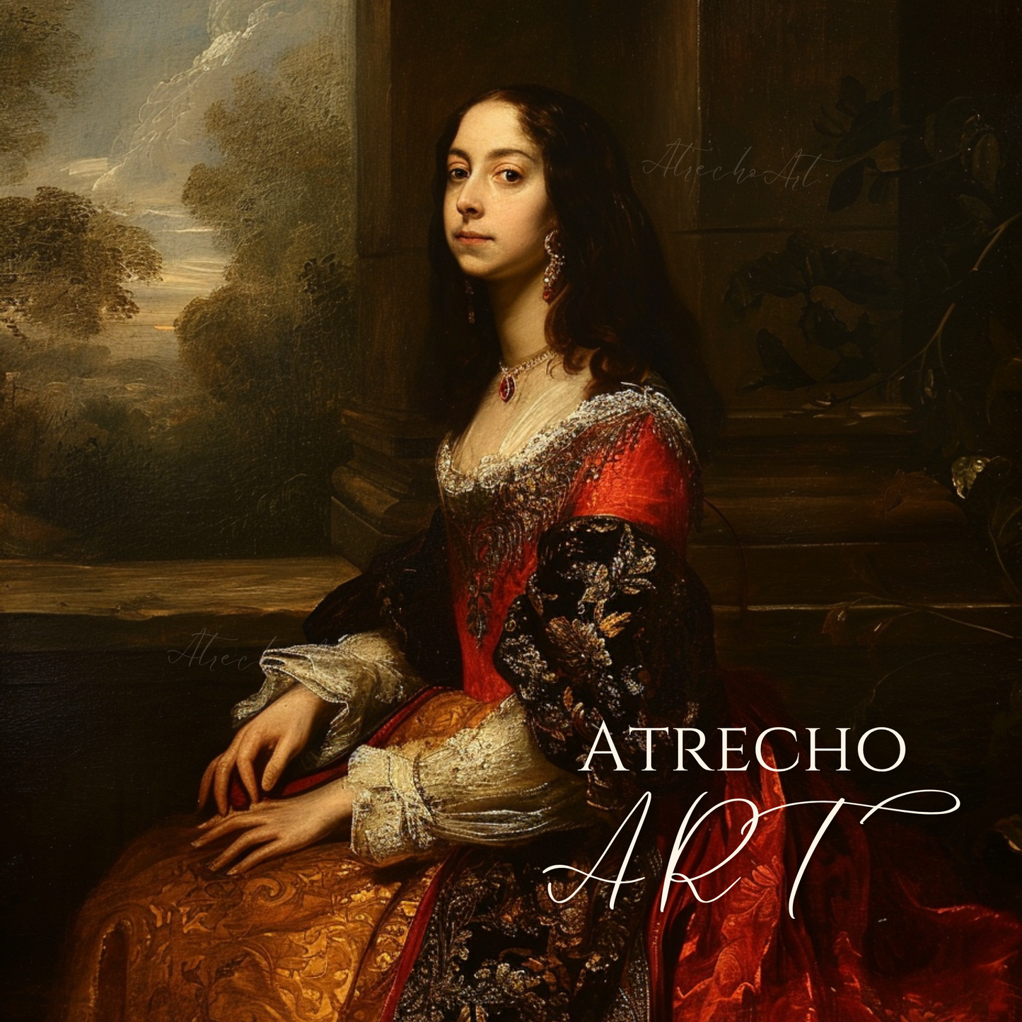 Juana court portrait — dark-robed Spanish queen, direct gaze, shadowed background, classical European Old Master print