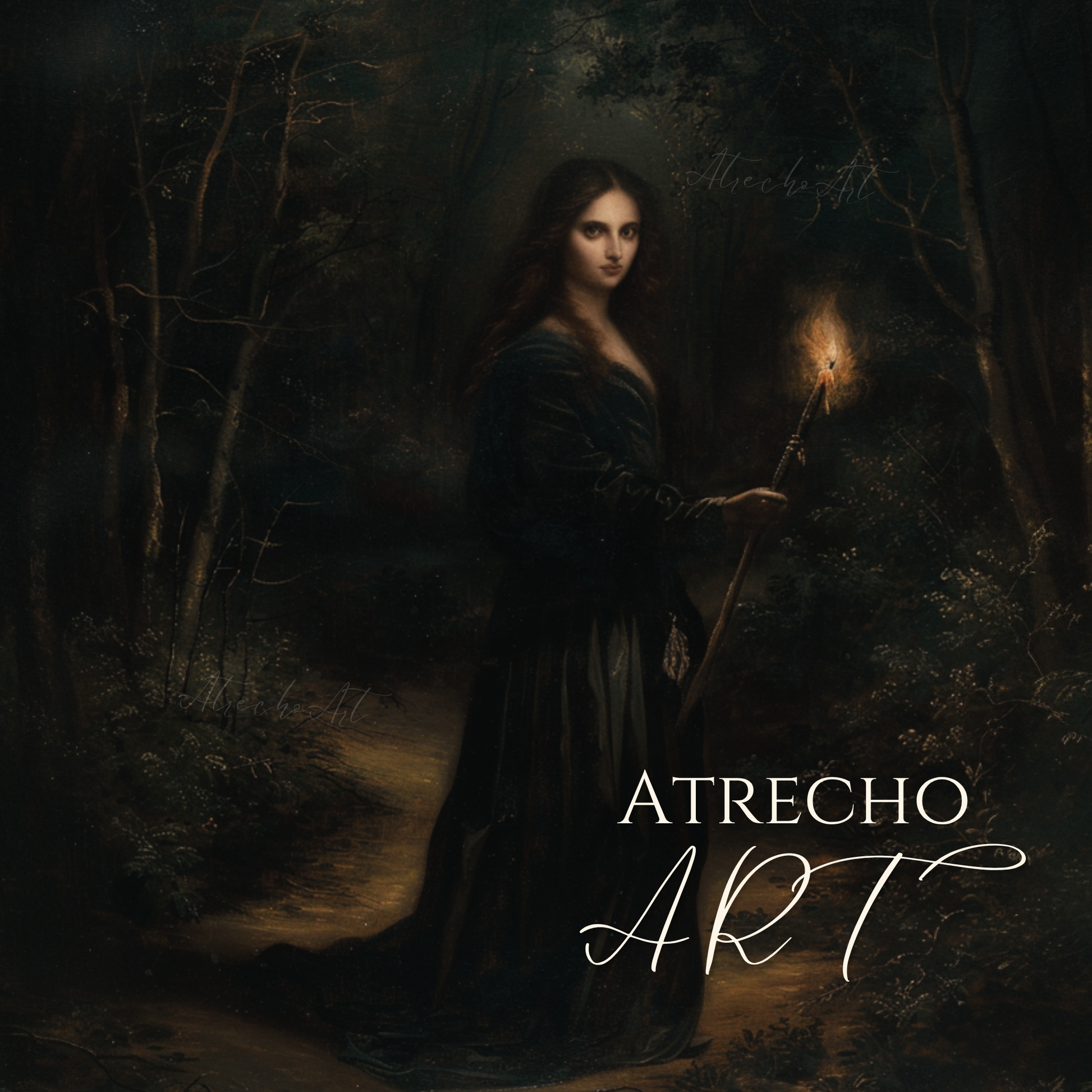 Full print of a young enchantress raising a glowing wand on a shadowed nocturnal forest path by Atrecho Art