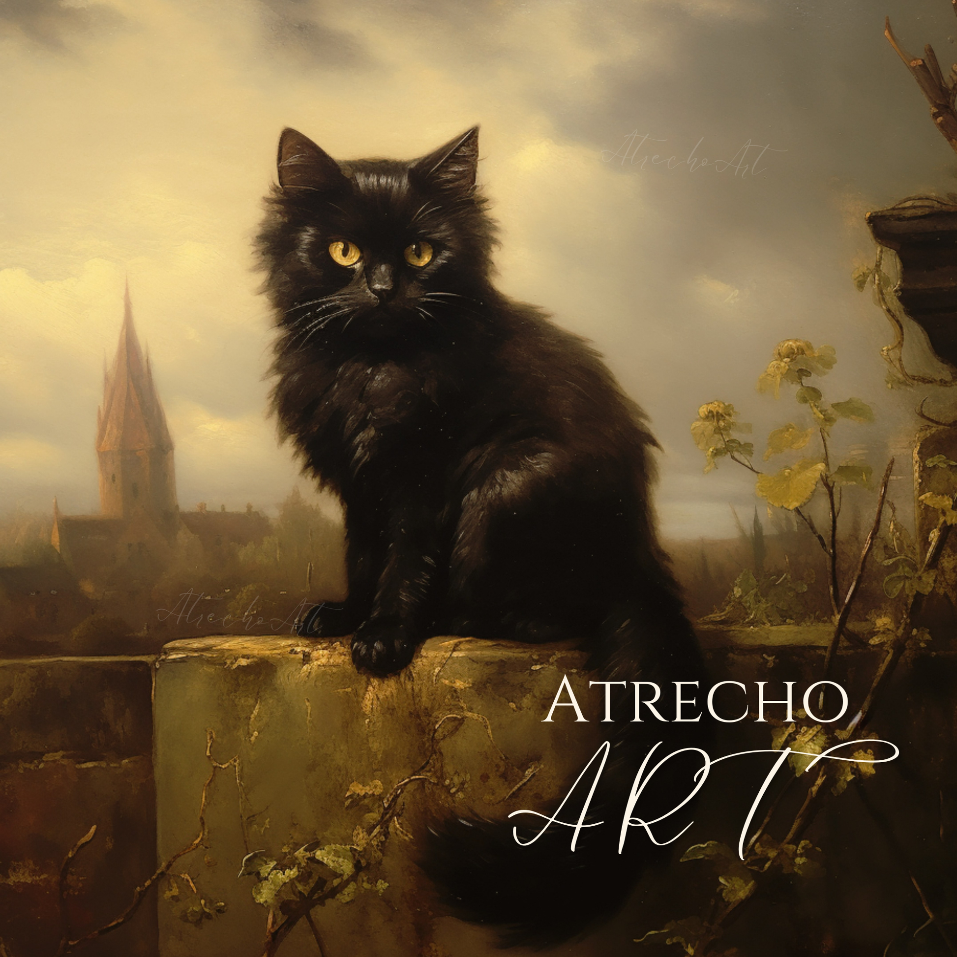 Gothic black cat art print with striking golden eyes perched on weathered stone overlooking misty European cathedral landscape in dark romantic style
