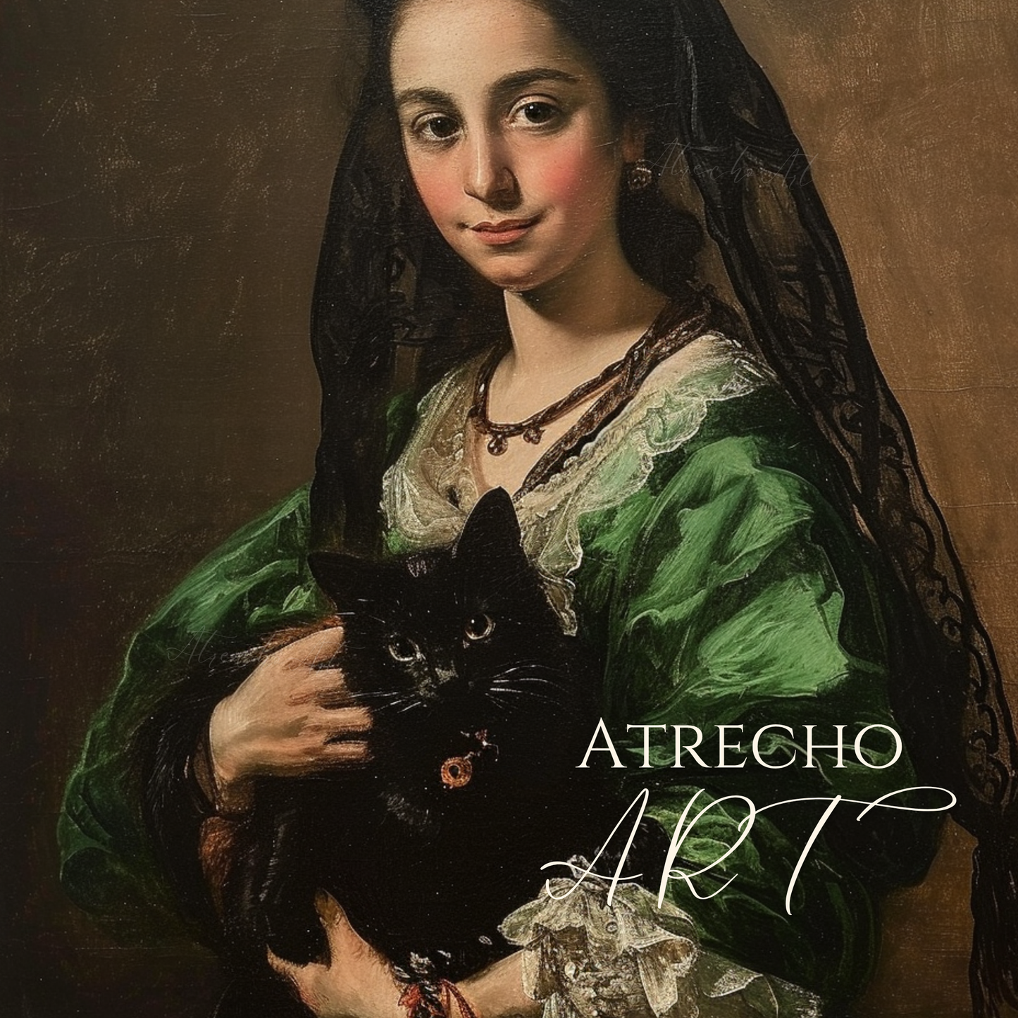 Vintage cat portrait of woman in emerald green dress holding black cat wearing black lace veil classical European portraiture art print