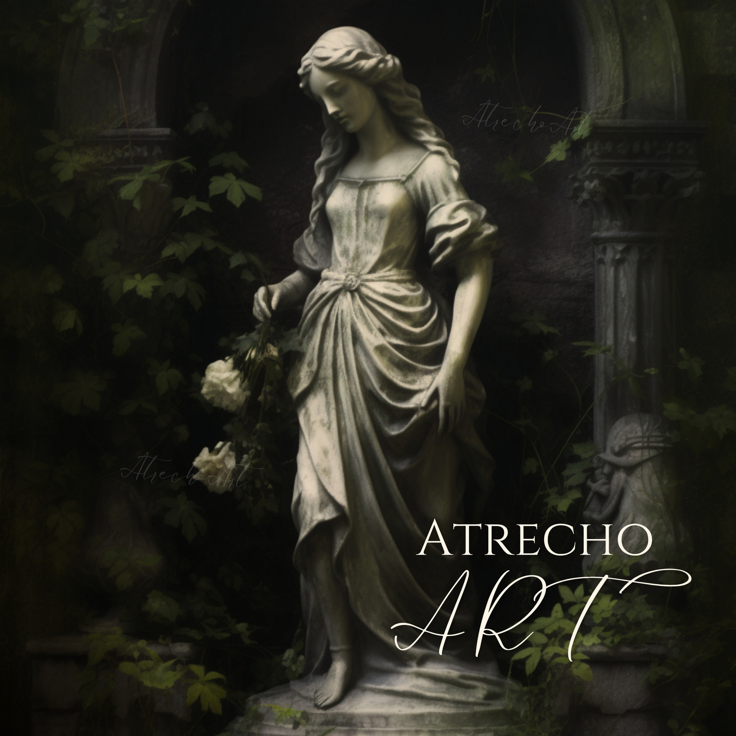 Full print of a weathered marble maiden bowing her head with pale roses in a Gothic garden niche, by Atrecho Art