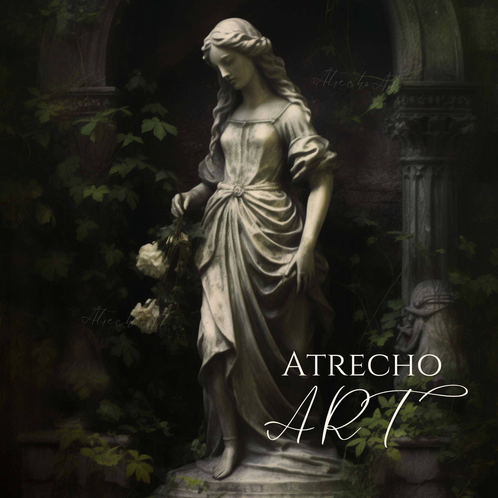 Full print of a weathered marble maiden bowing her head with pale roses in a Gothic garden niche, by Atrecho Art