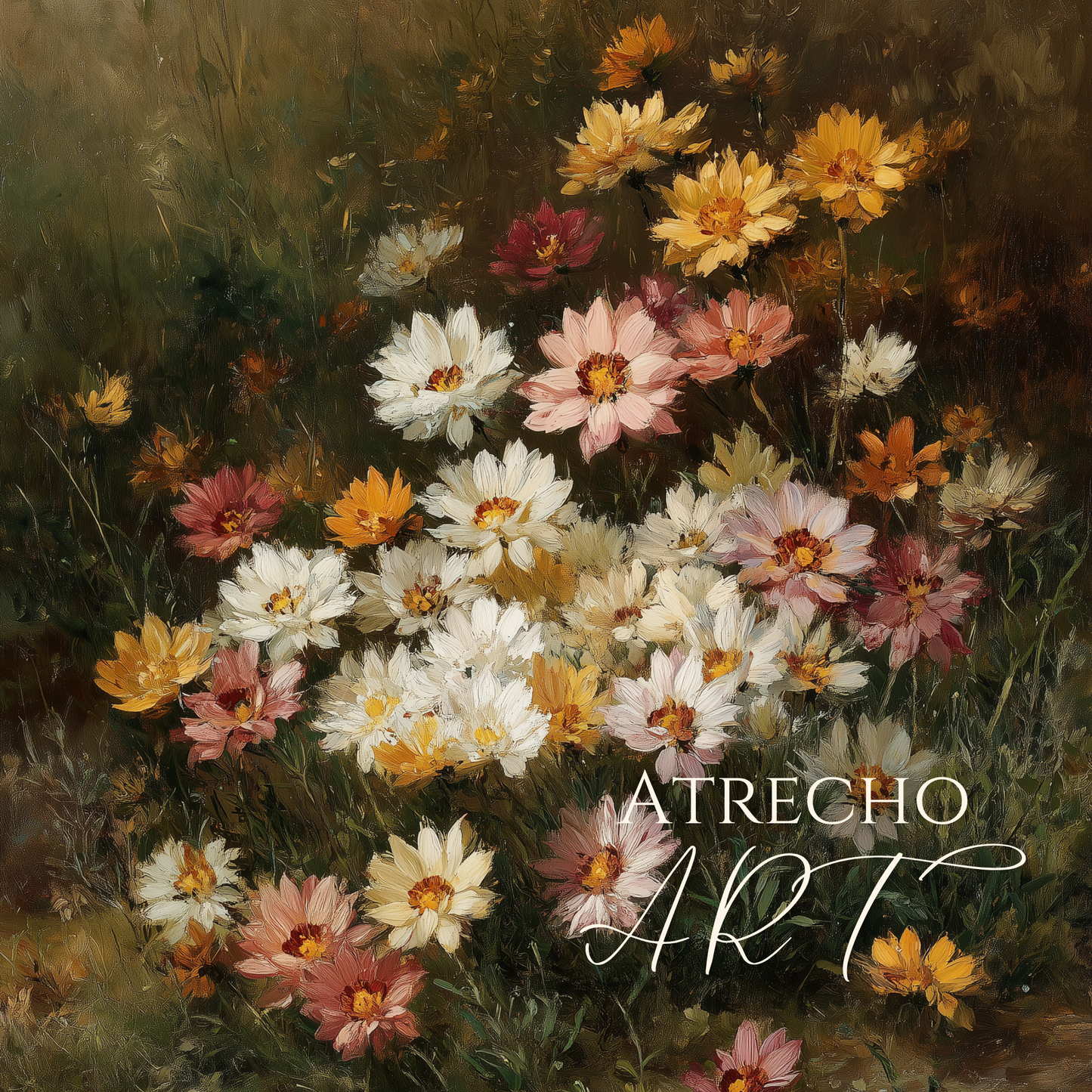 Spring Gazania botanical print — soft pink, gold, and ivory wildflowers in loose brushwork on a mossy dark ground