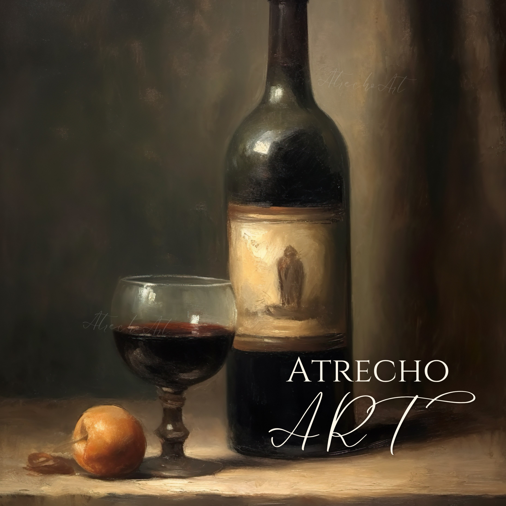 Dark-green wine bottle, garnet goblet, and ripe orange glowing against deep shadow, moody oil still life by Atrecho Art