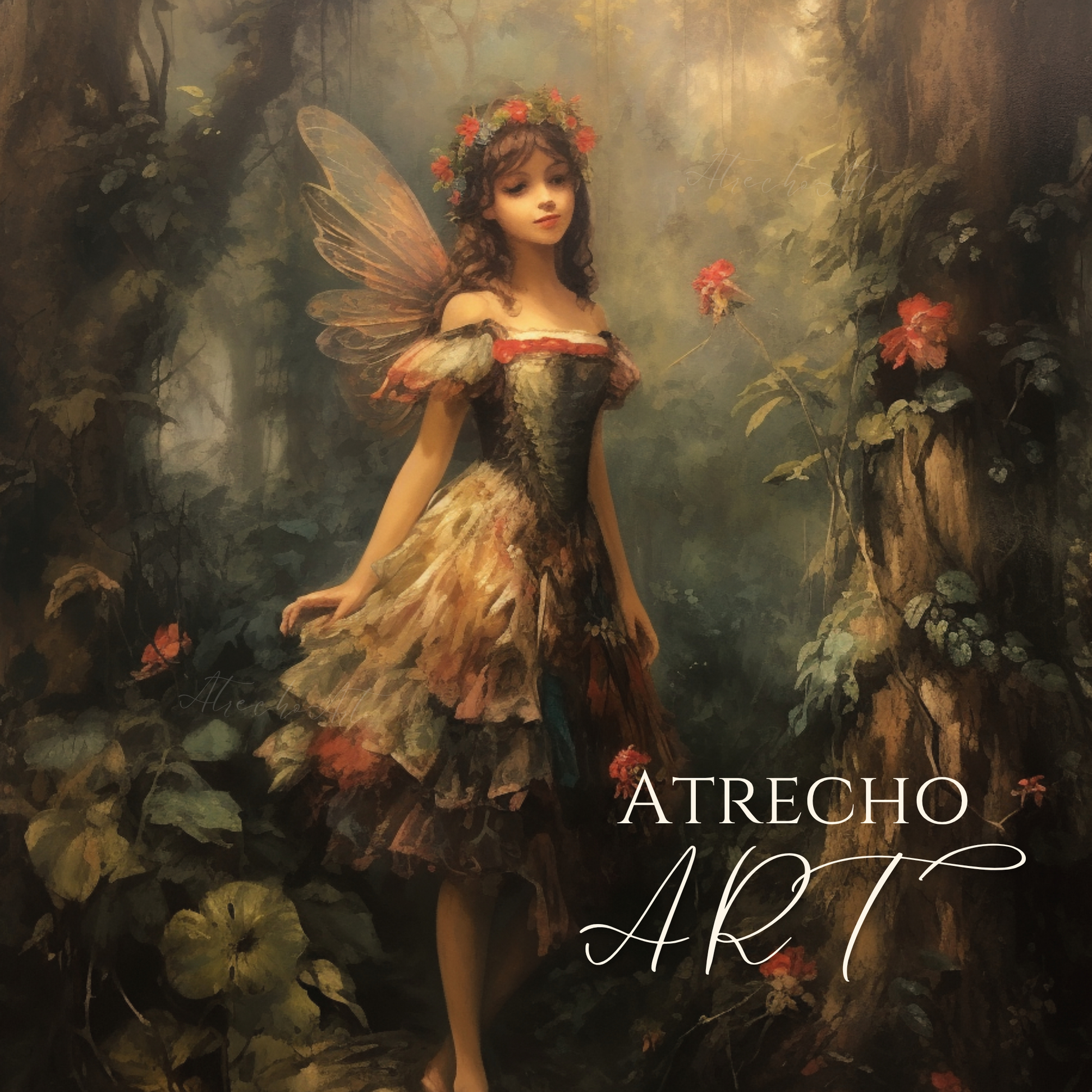 Full forest fairy print — barefoot sprite with dragonfly wings and floral crown in a misty golden glade, by Atrecho Art