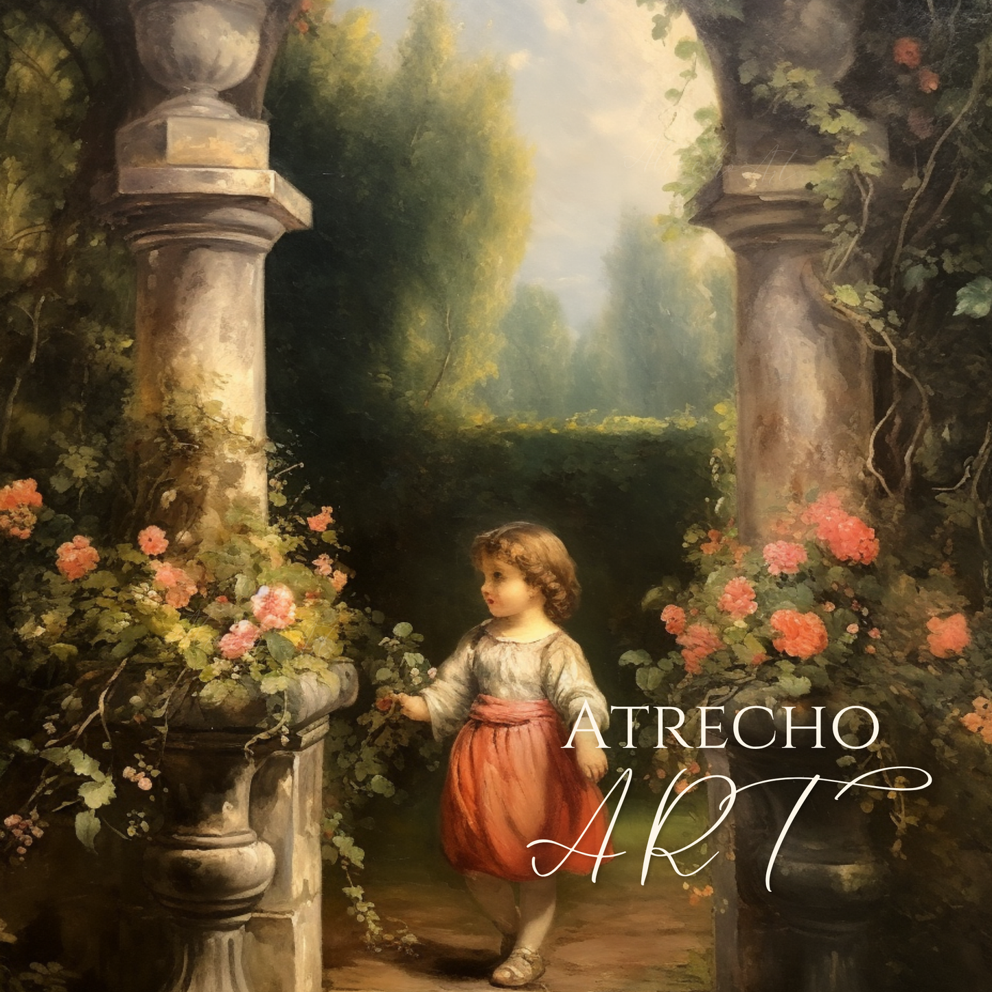 Full print of a young girl reaching for coral geraniums beneath a vine-covered classical stone arch by Atrecho Art