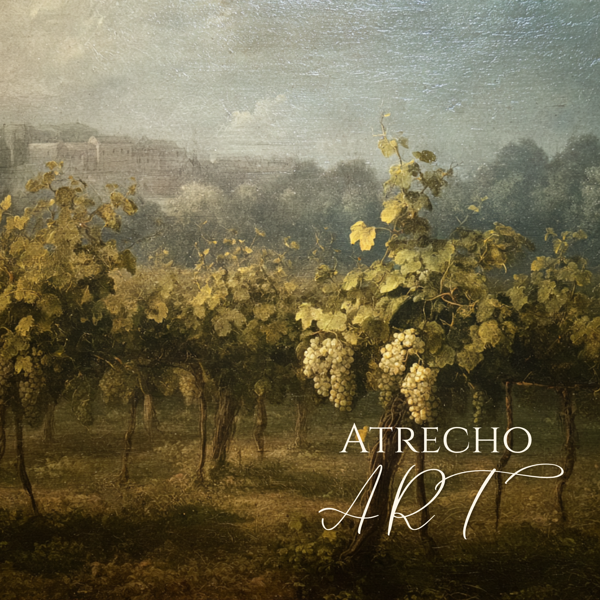 Vintage vineyard landscape painting print featuring rolling hills with grapevines and distant mountains in earth tones