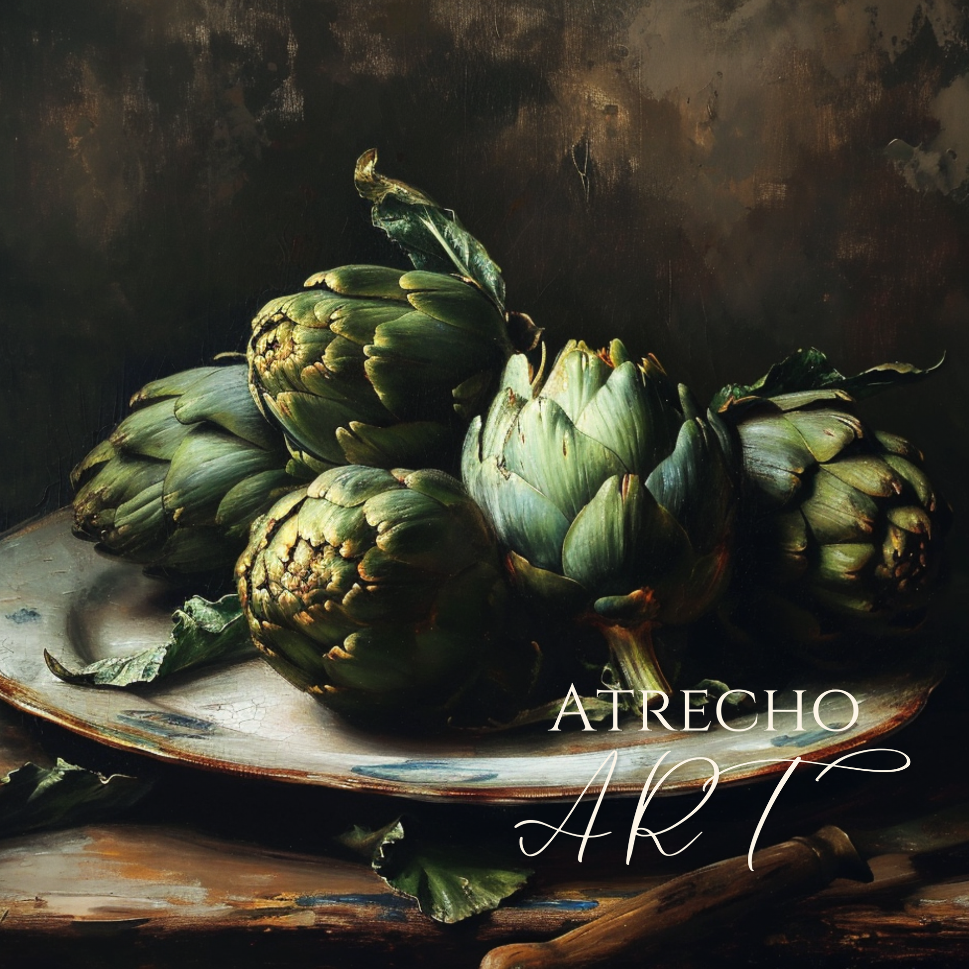 Vintage artichoke still life art print showing fresh green artichokes with one white flower on weathered ceramic plate against dark background