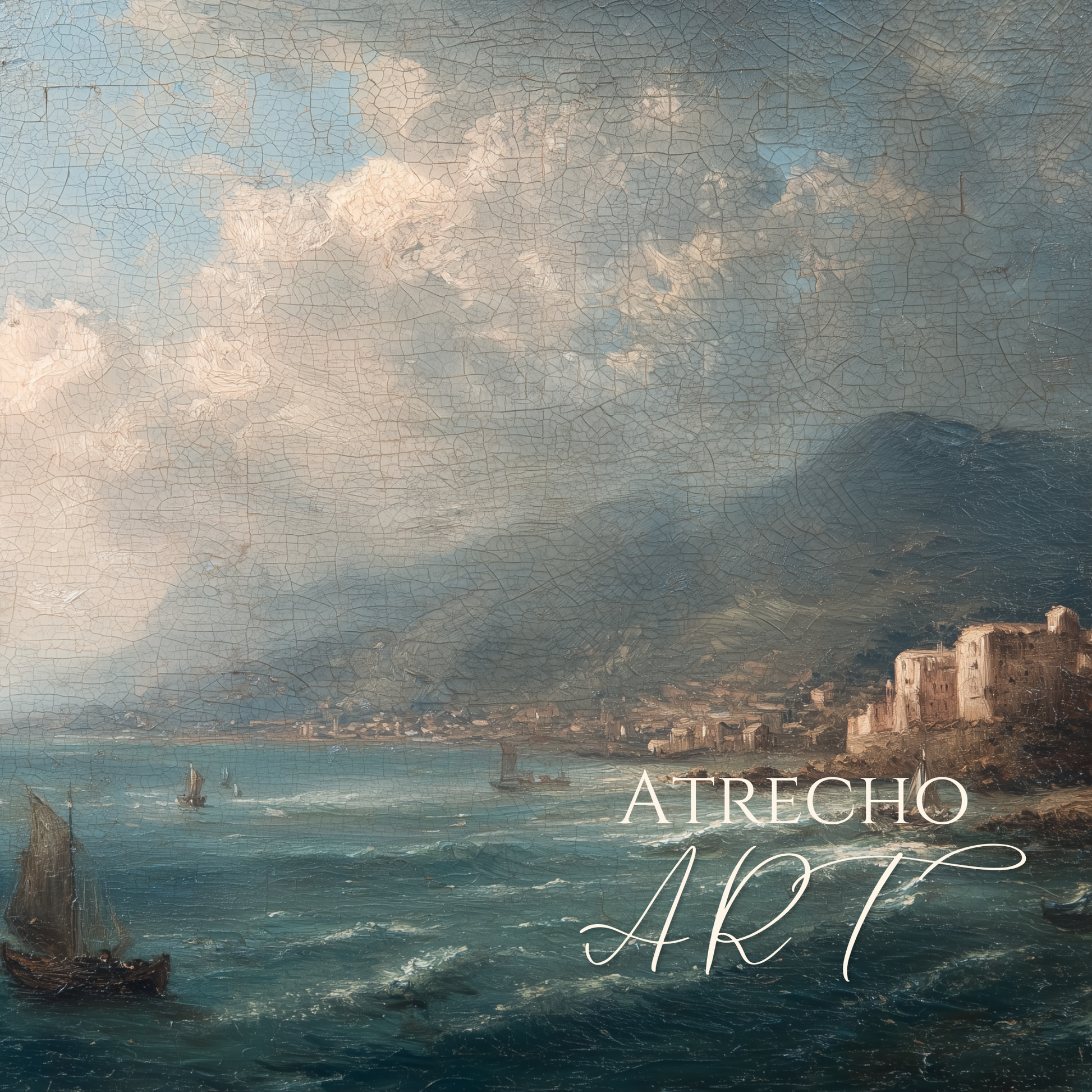Vintage coastal town painting print, unframed — atmospheric harbor,
warm stone buildings and pale sky, Old World Spanish seascape