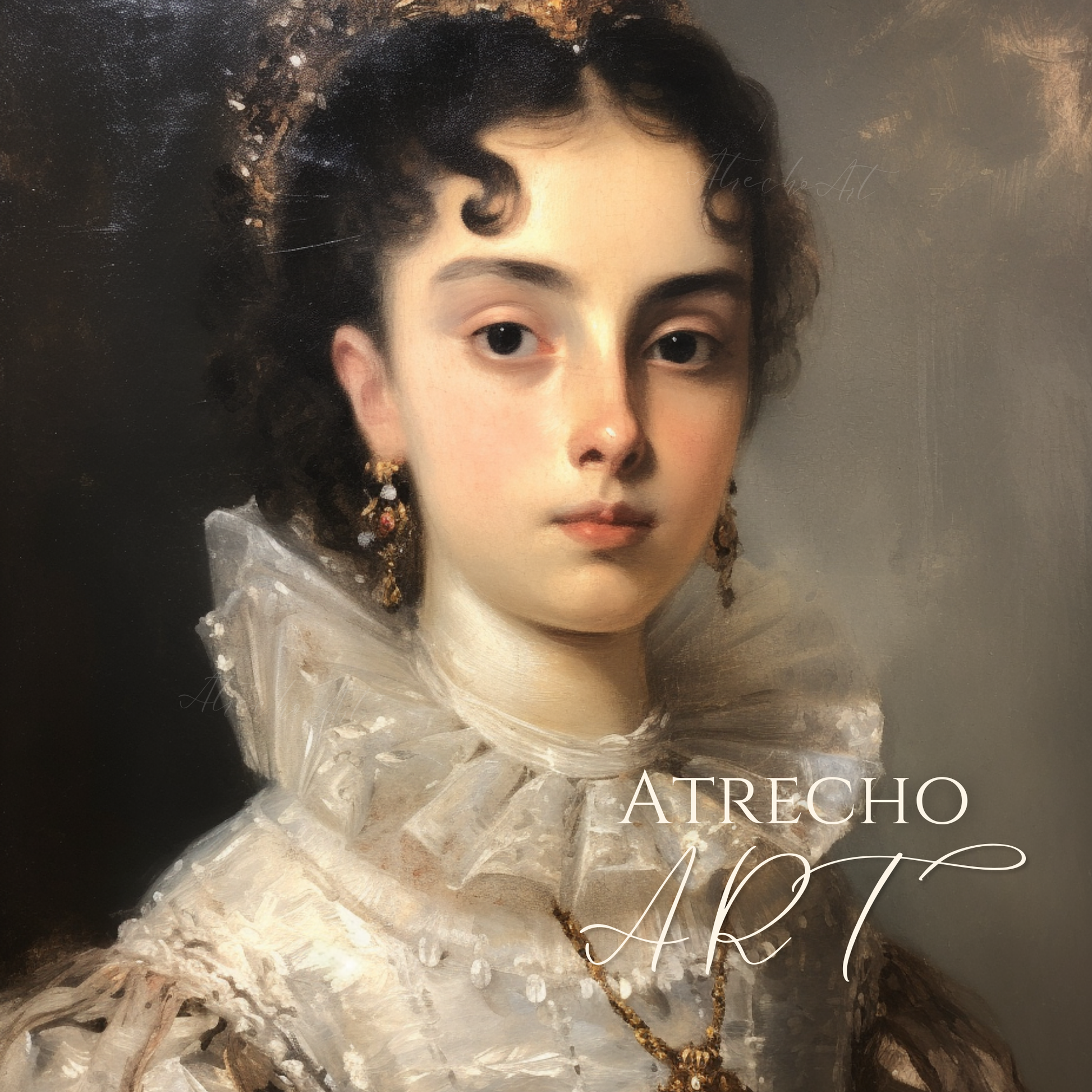 Classical noblewoman portrait with ornate jewelry and white Renaissance collar, museum-quality art print celebrating European heritage