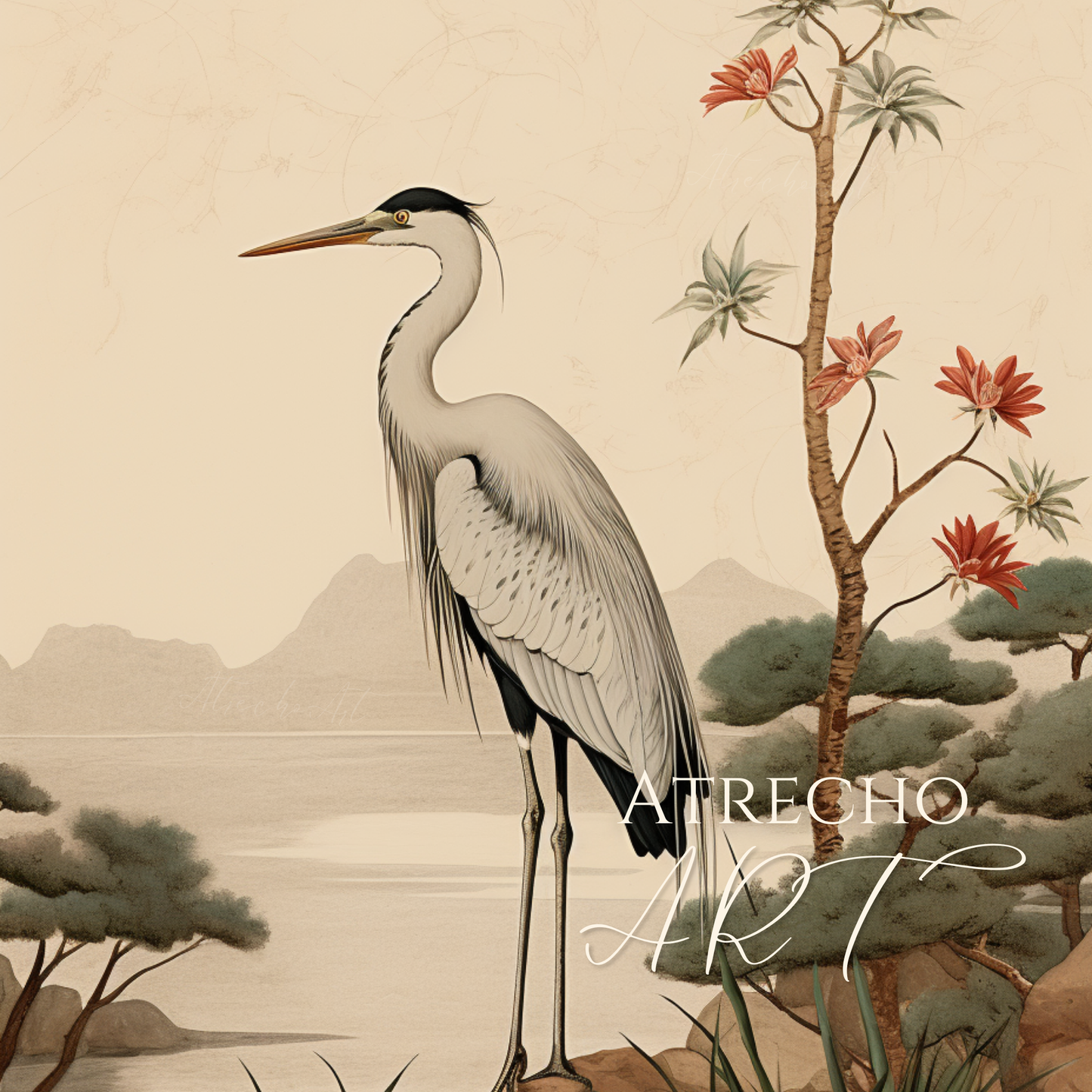 Vintage European-style heron bird illustration with autumn foliage and flowering branches in warm earth tones, perfect for cottage core and Old World Spanish inspired home decor