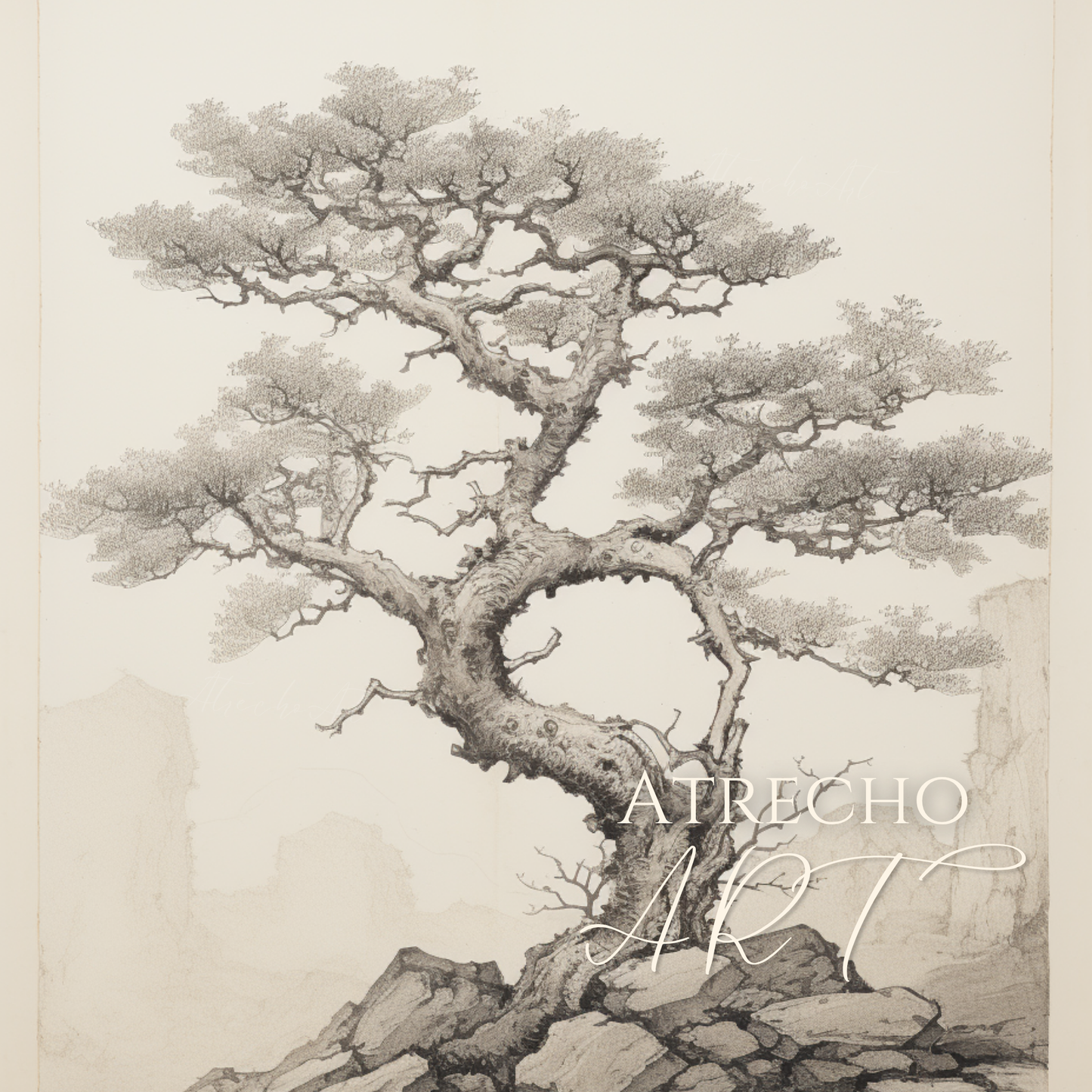 Lone wind-sculpted arbutus tree gripping a rocky outcrop, sepia and grey ink drawing with pale hazy sky, by Atrecho Art