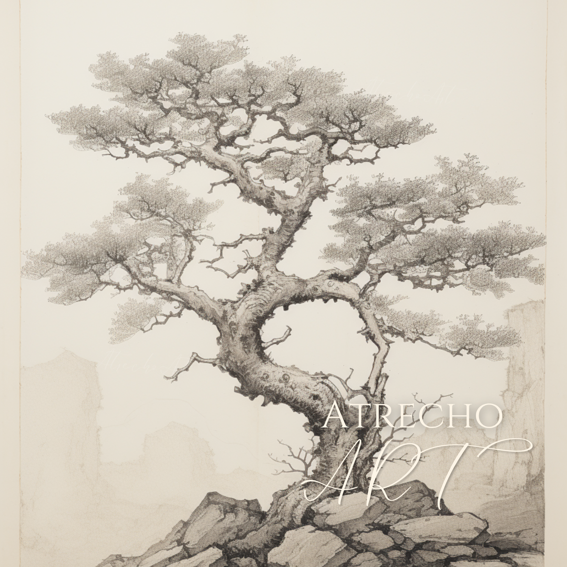 Lone wind-sculpted arbutus tree gripping a rocky outcrop, sepia and grey ink drawing with pale hazy sky, by Atrecho Art