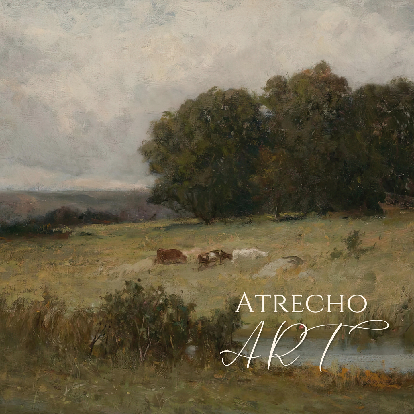 Pastoral landscape painting — cattle grazing in golden meadow with stream, dense dark oaks, dramatic overcast sky