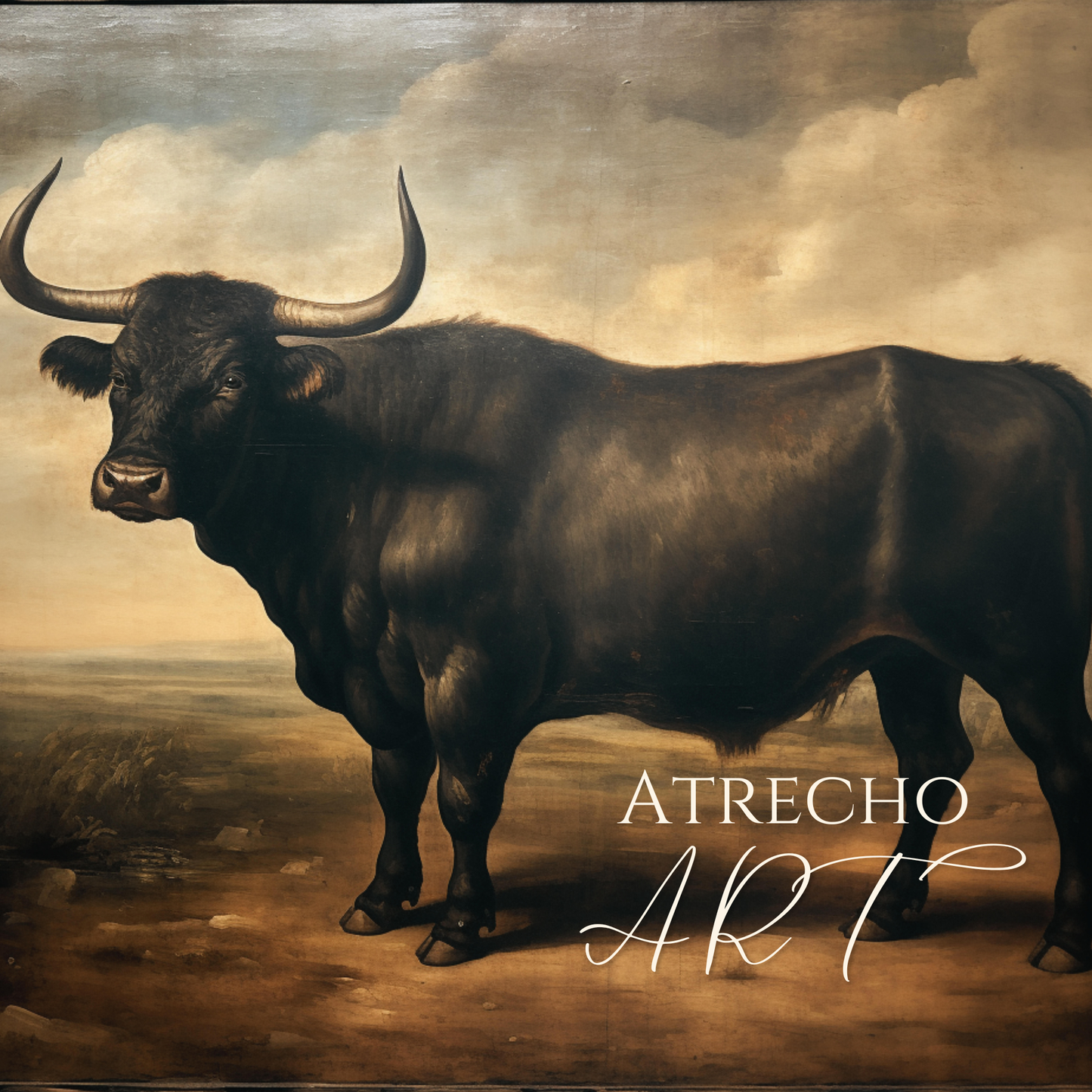 Classical black bull portrait oil painting with dramatic lighting in vintage frame, old world livestock artwork