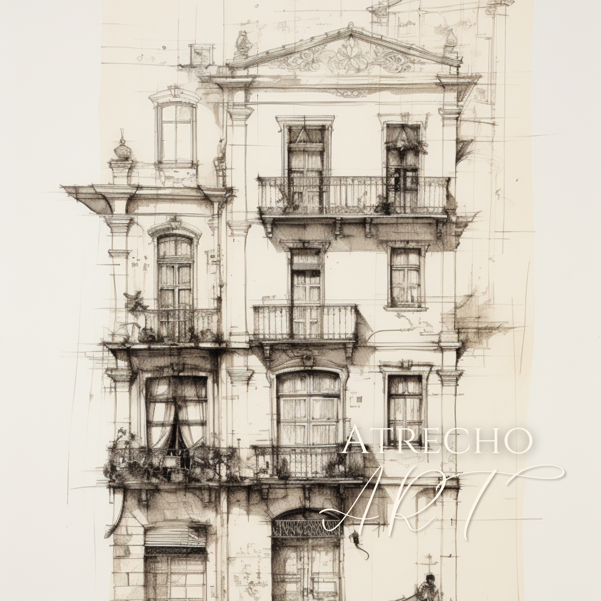 Spanish colonial architecture print set featuring two vintage building prints with ornate iron balconies and weathered stone facades in coordinating sepia tones