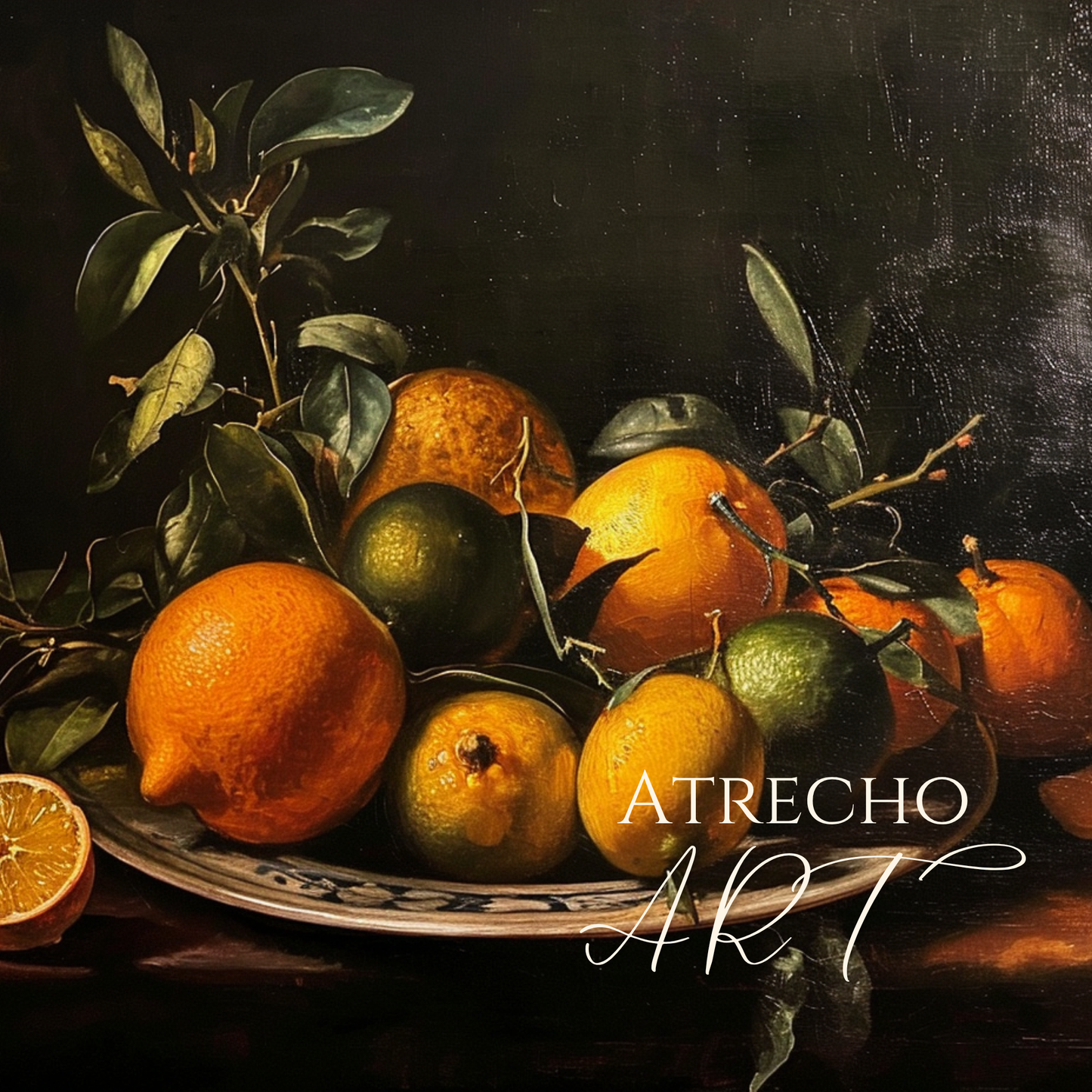 Spanish citrus art print featuring Valencian oranges, lemons and limes on pewter platter with green leaves in classical Baroque still life style against dark background