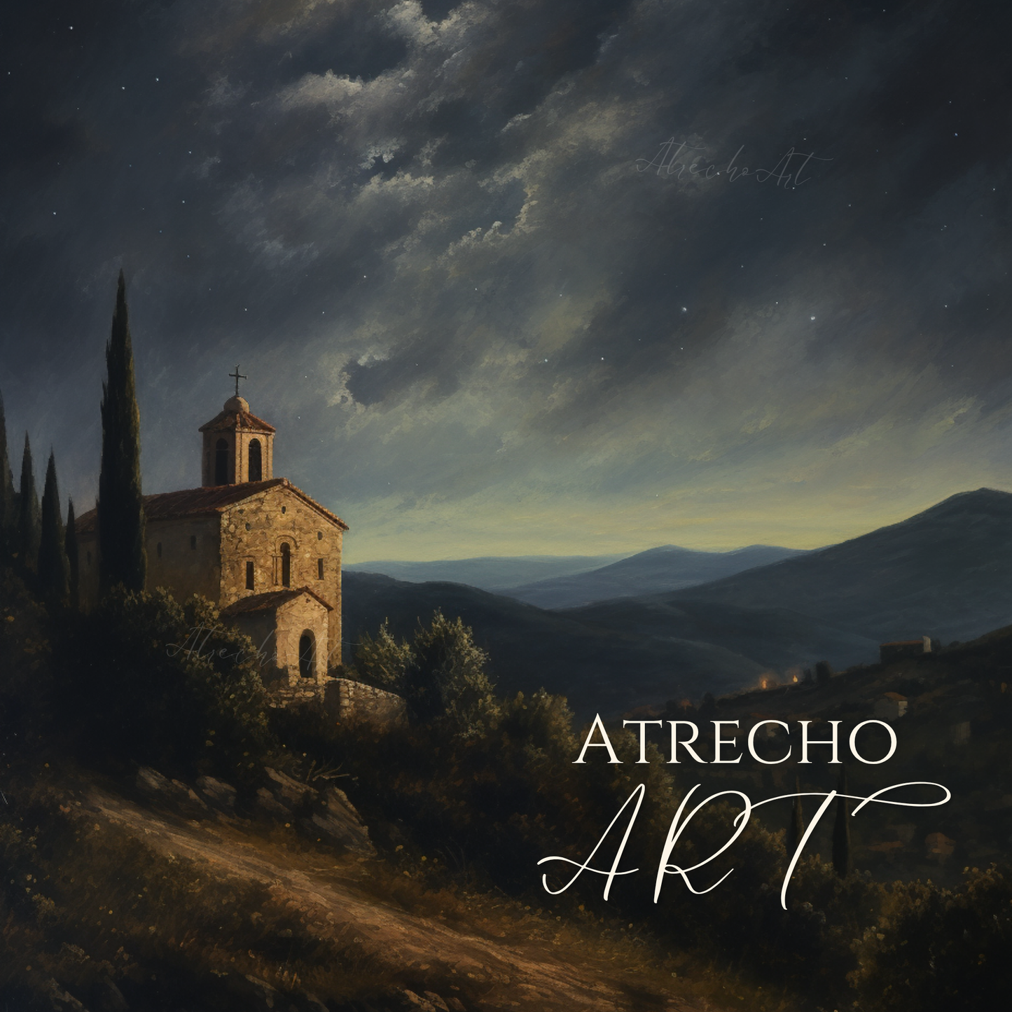 Framed art print of a moody European church on a hill with dark, vintage tones, styled in a cottagecore-inspired room setting