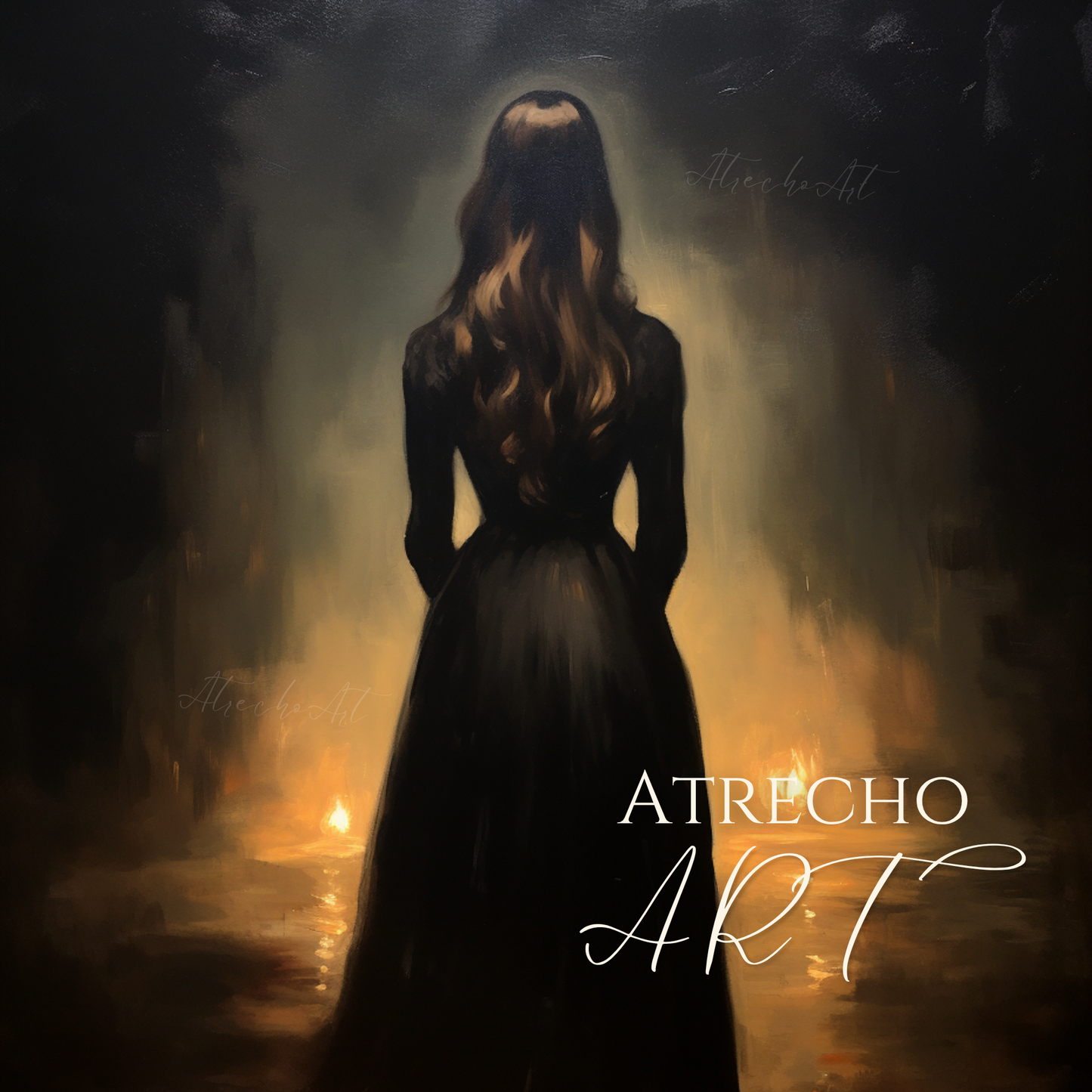 Close-up of moody gothic art print showing warm candlelight and dark atmospheric brushwork in matte finish