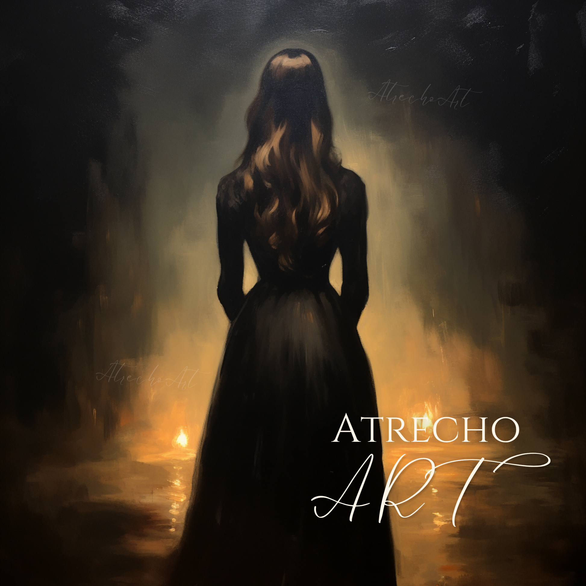 Close-up of moody gothic art print showing warm candlelight and dark atmospheric brushwork in matte finish