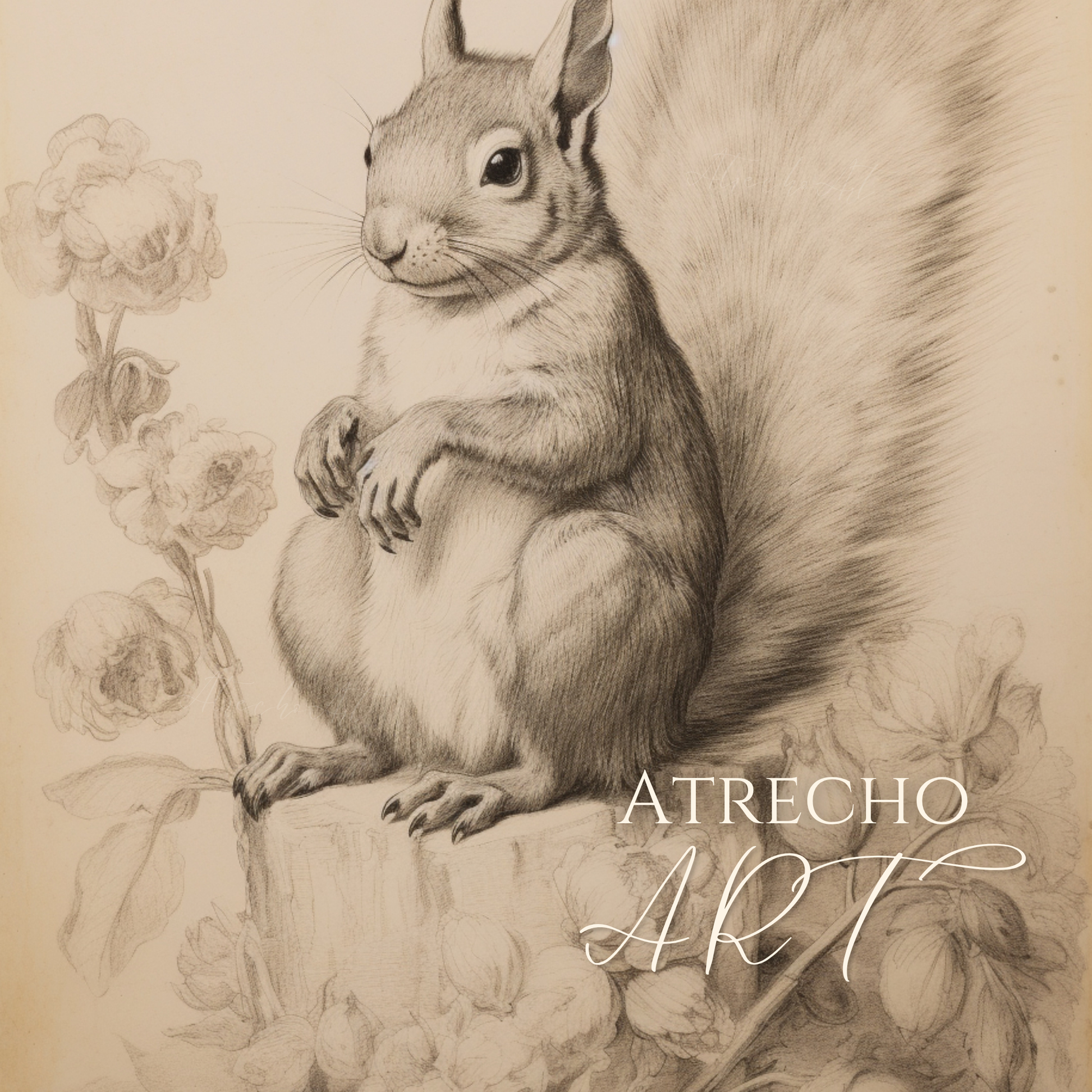 Full red squirrel art print, upright pose with plume tail and climbing roses, sepia graphite naturalist study, by Atrecho Art