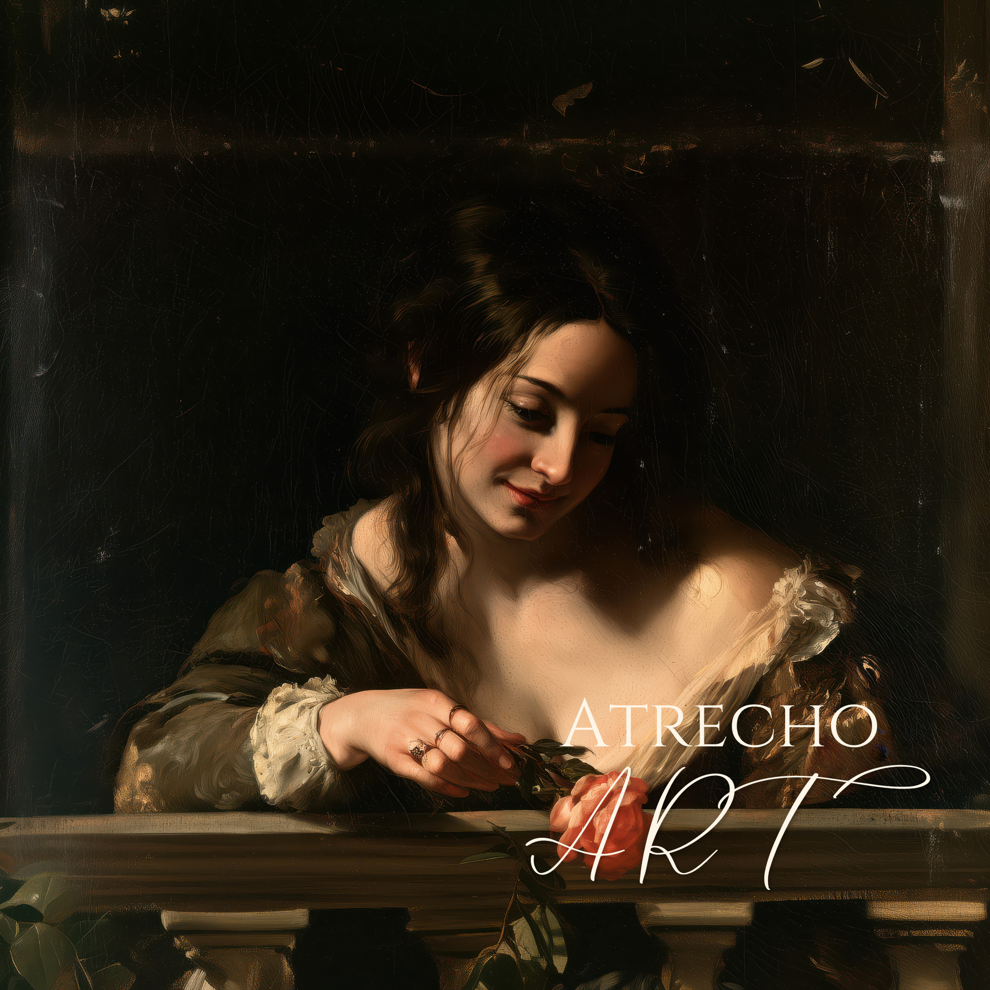 Full Spanish Baroque print of a woman leaning on a stone balcony holding a coral rose, olive silk gown, by Atrecho Art