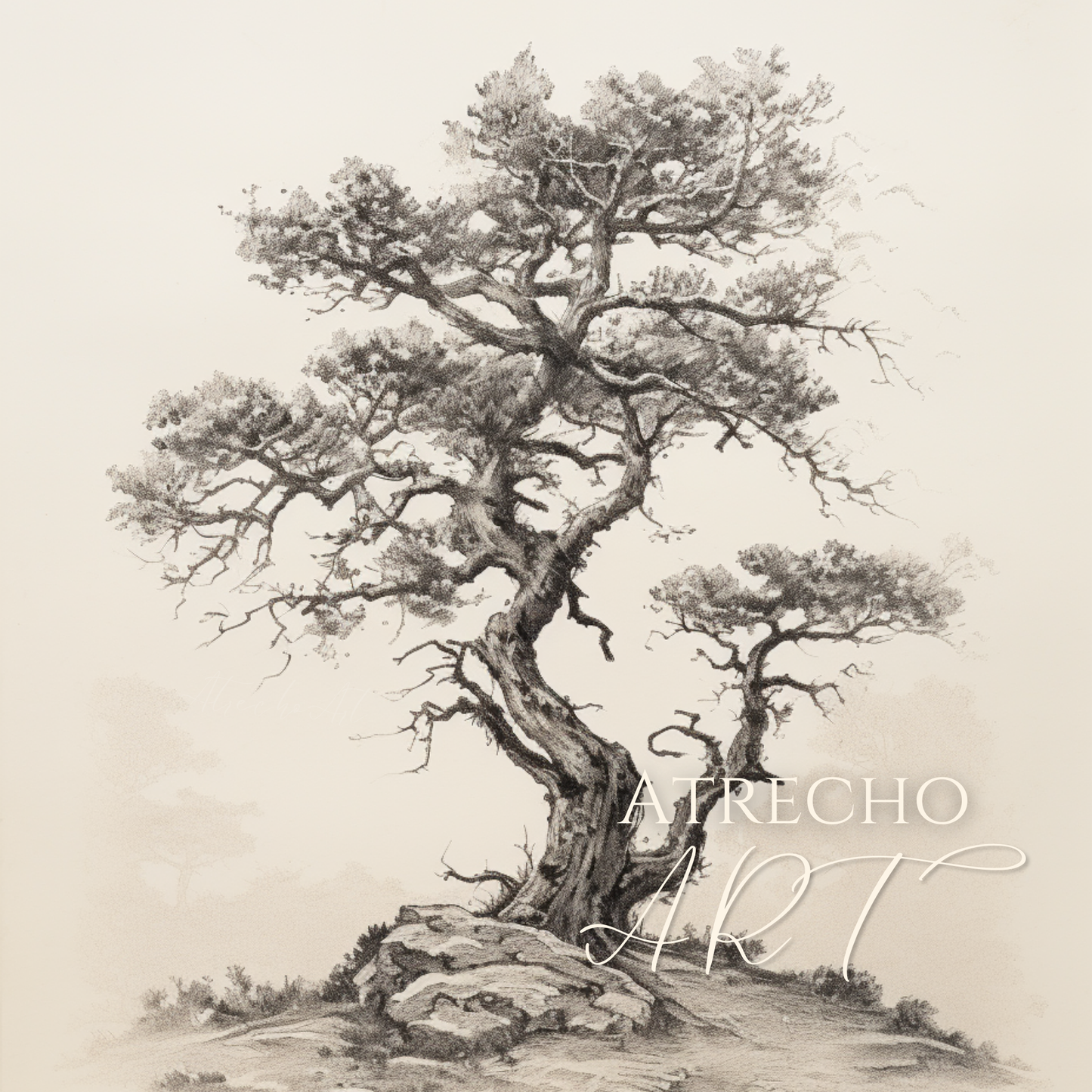 Vintage botanical tree print featuring detailed Algarrobo tree illustration with gnarled branches and delicate foliage, perfect for Mediterranean home decor