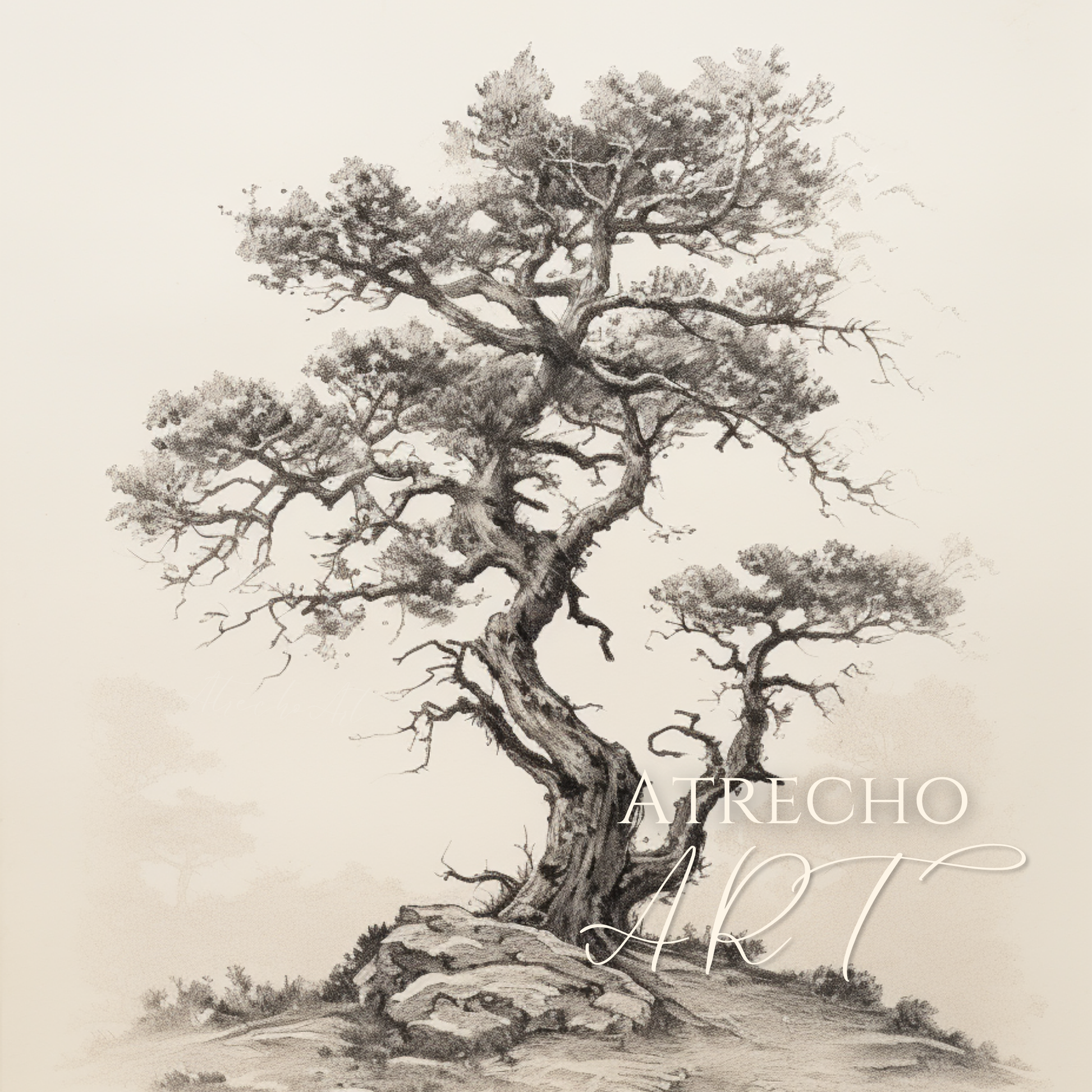 Vintage botanical tree print featuring detailed Algarrobo tree illustration with gnarled branches and delicate foliage, perfect for Mediterranean home decor