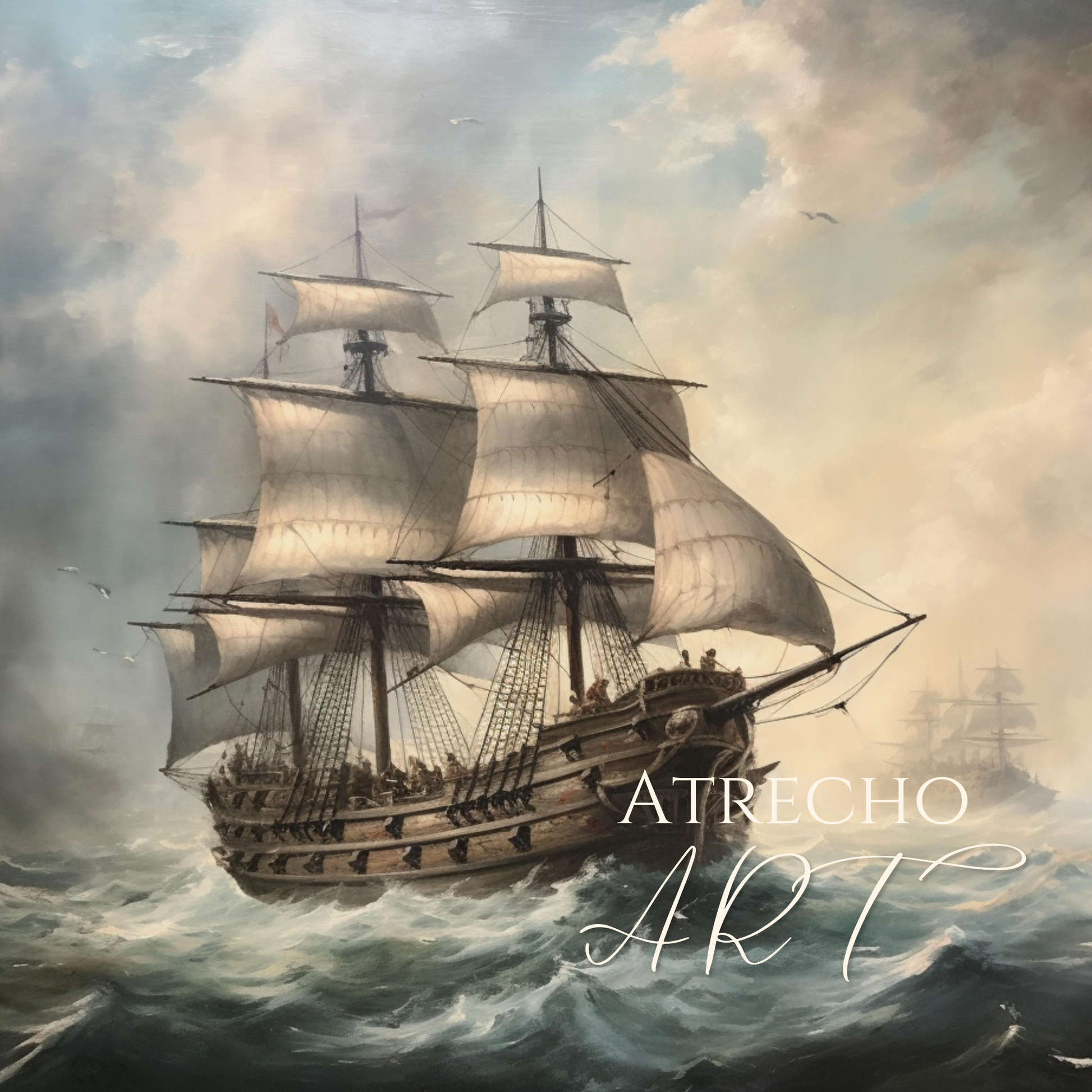 Galleon print — vintage tall ship on stormy seas, Old World maritime oil painting art by Atrecho Art, NA26