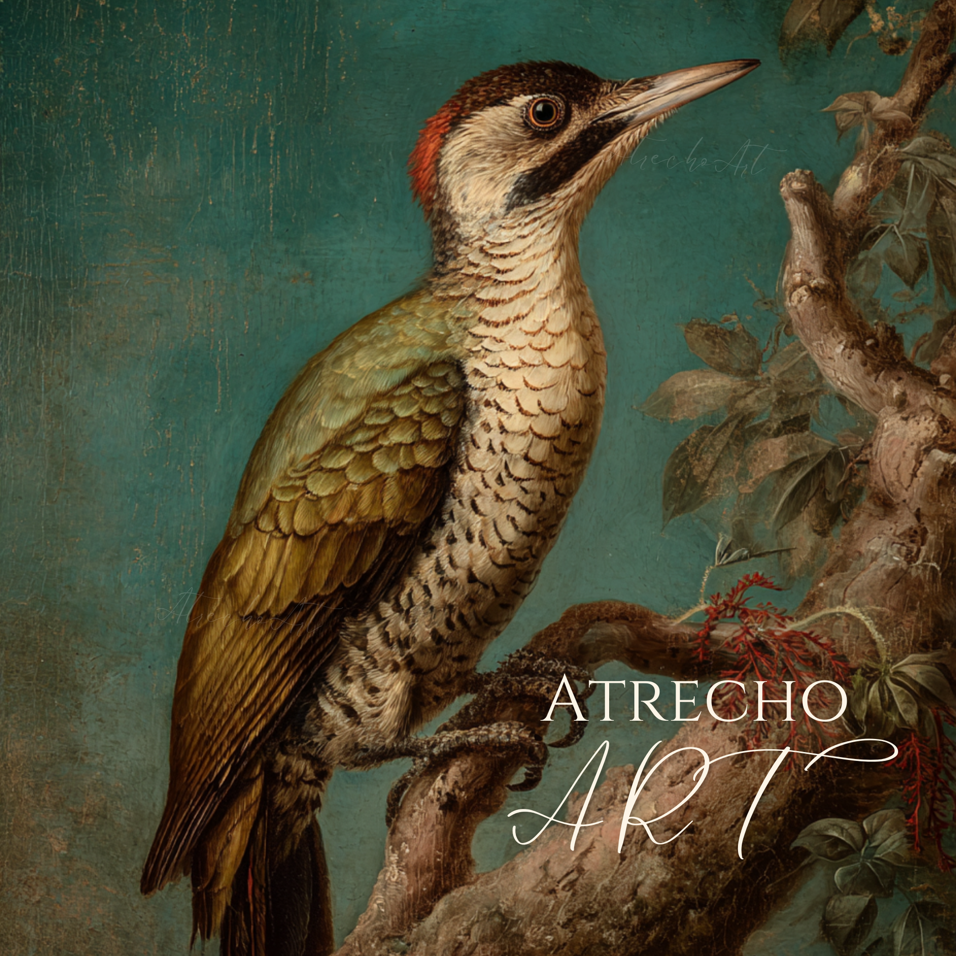 Vintage woodpecker art print illustration with botanical elements on teal background, natural history style