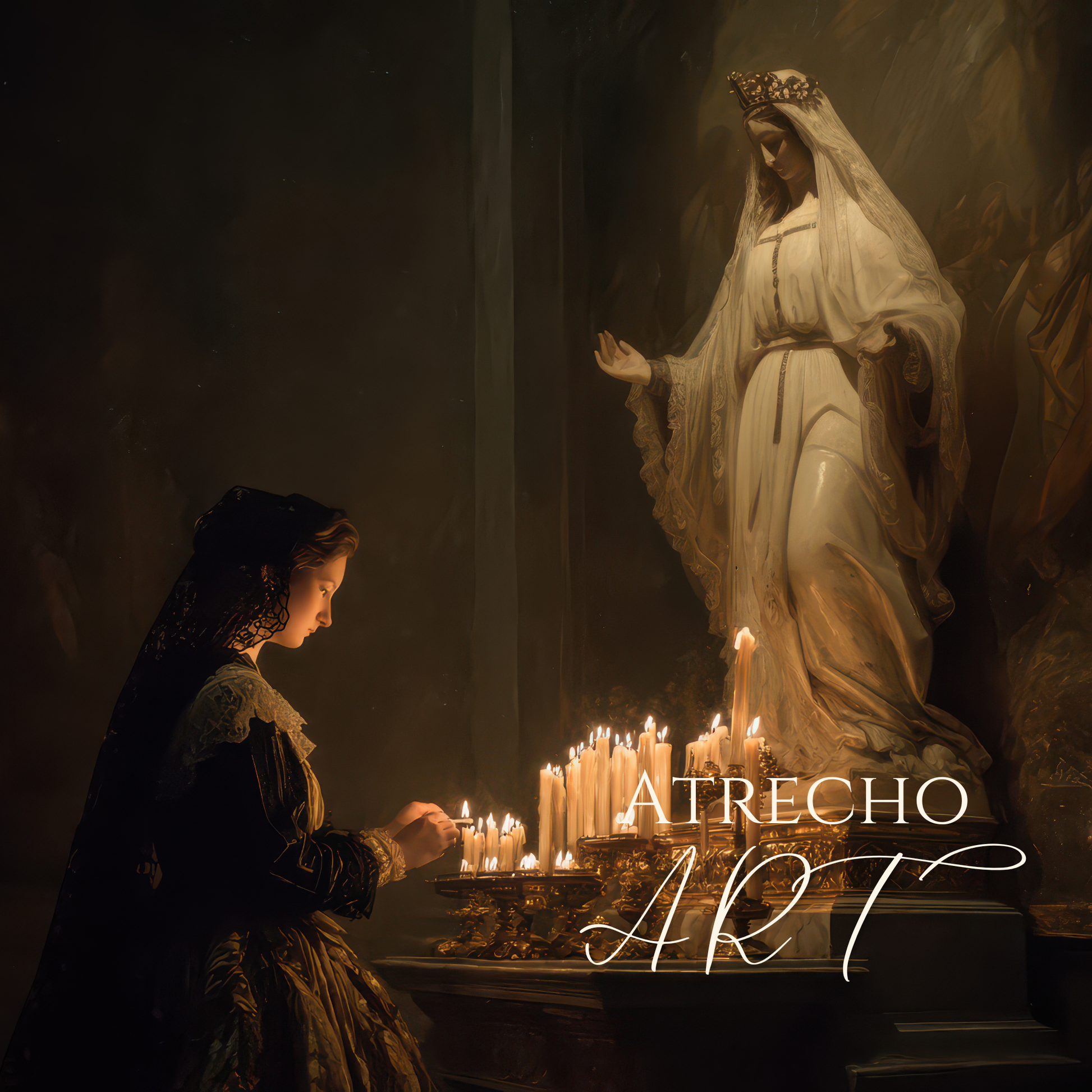 A veiled woman kneels to light votive candles before a statue of the Virgin Mary, candlelit chiaroscuro, by Atrecho Art