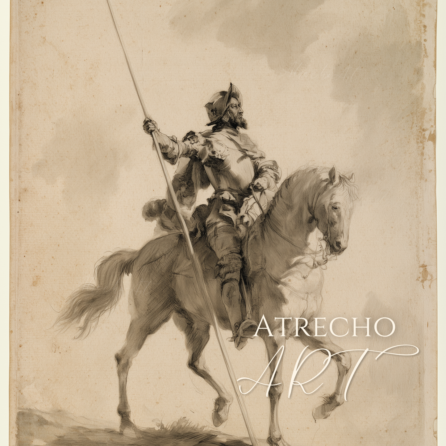Don Quixote full print, gaunt knight and horse in profile with a long lance slashing a sepia wash sky by Atrecho Art