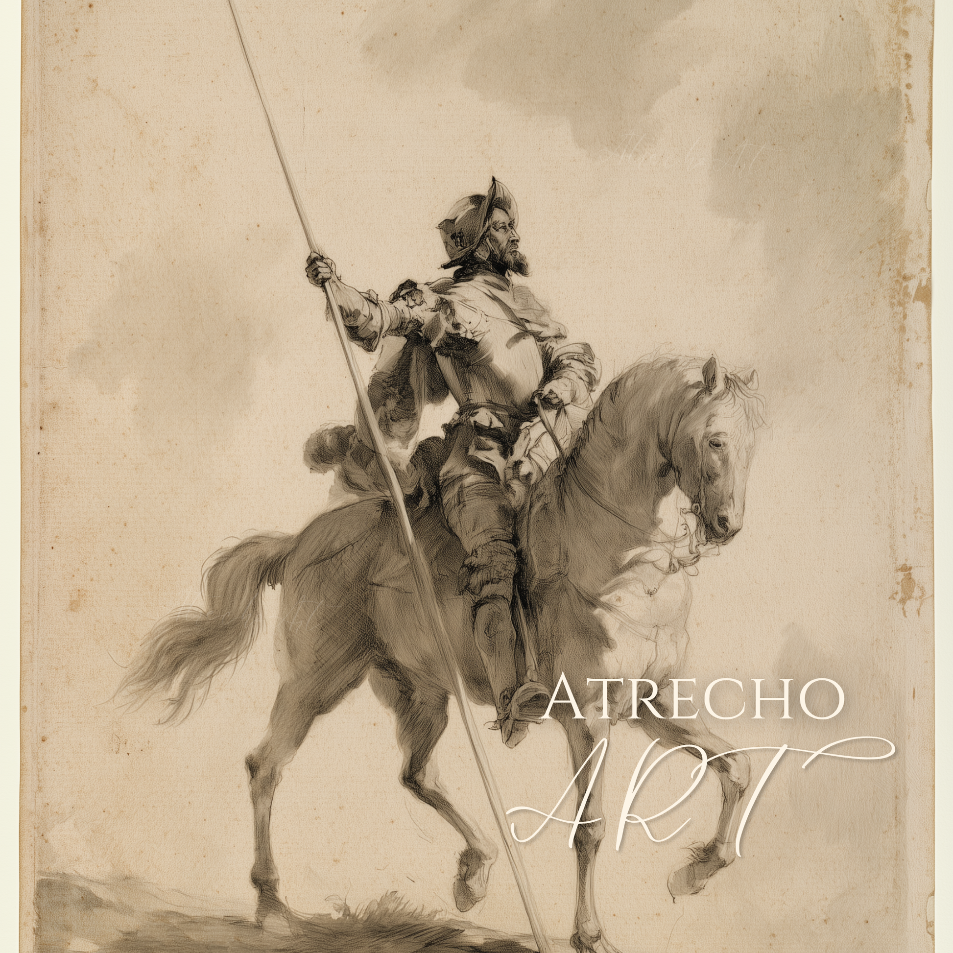 Don Quixote full print, gaunt knight and horse in profile with a long lance slashing a sepia wash sky by Atrecho Art