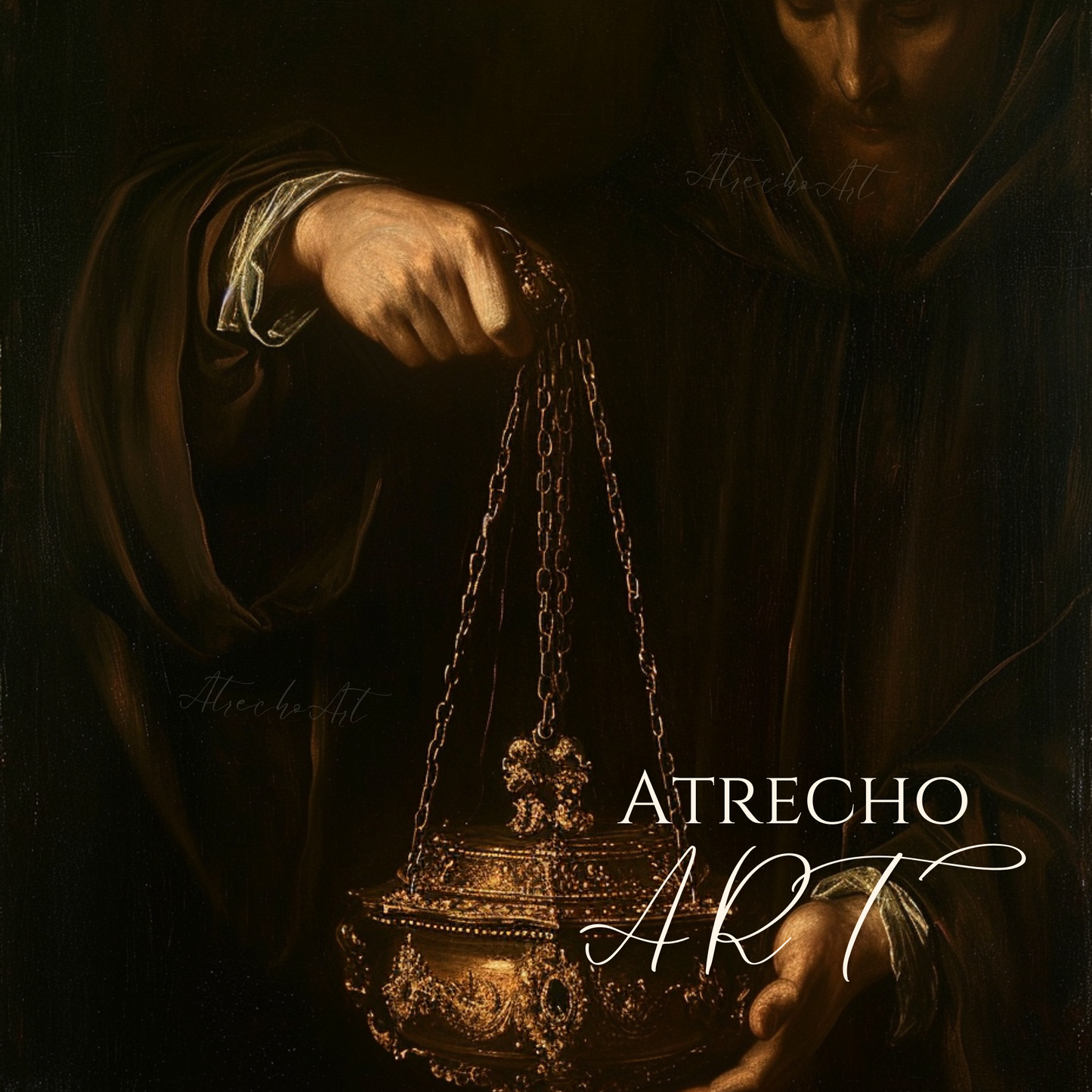 Baroque thurible art print — Spanish Golden Age monk in dark robes holding gilded incense burner by chains, chiaroscuro style, archival matte print by Atrecho Art