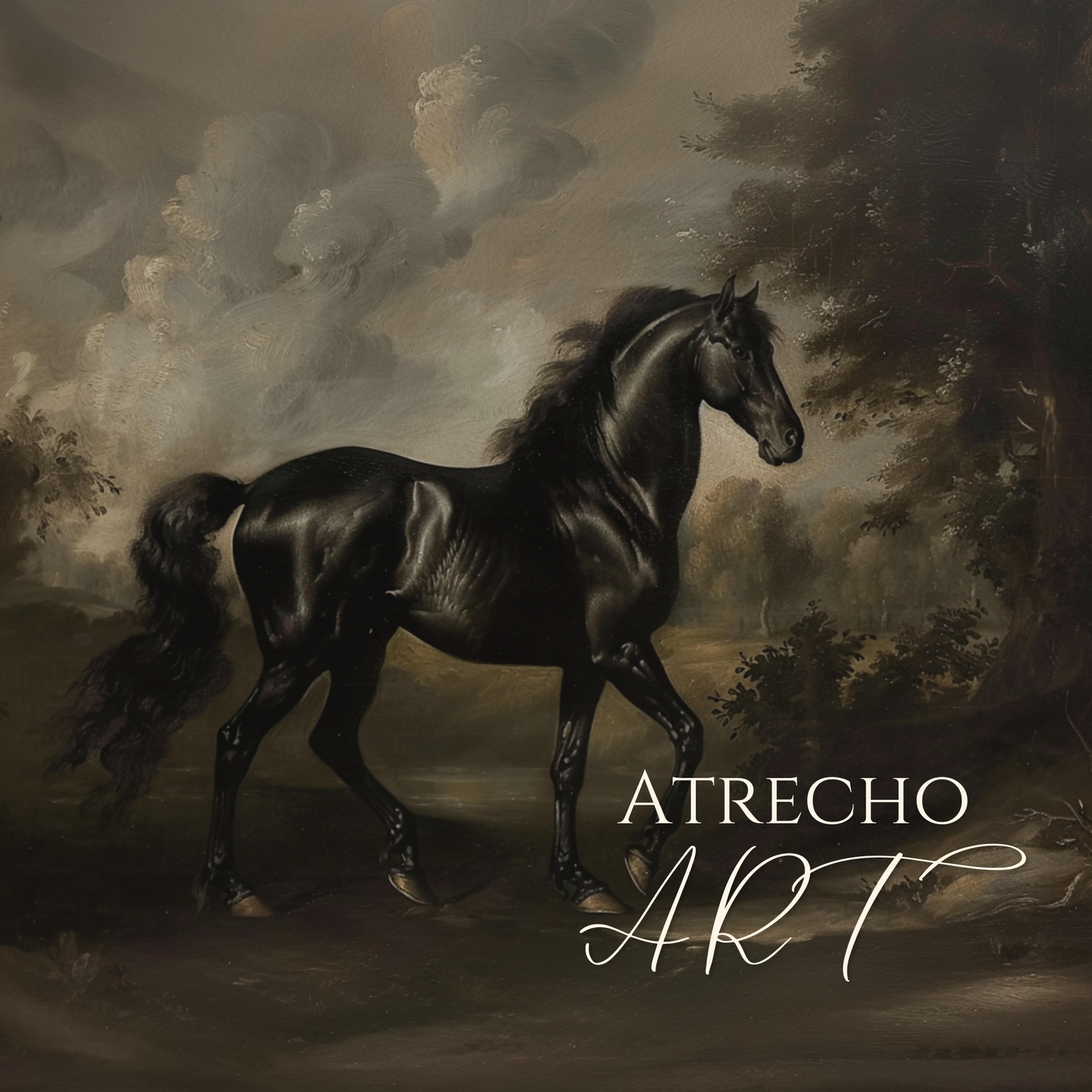 Black horse wall art — vintage Old Master equestrian portrait, dark academia print in gilded frame, moody stallion painting | AN32