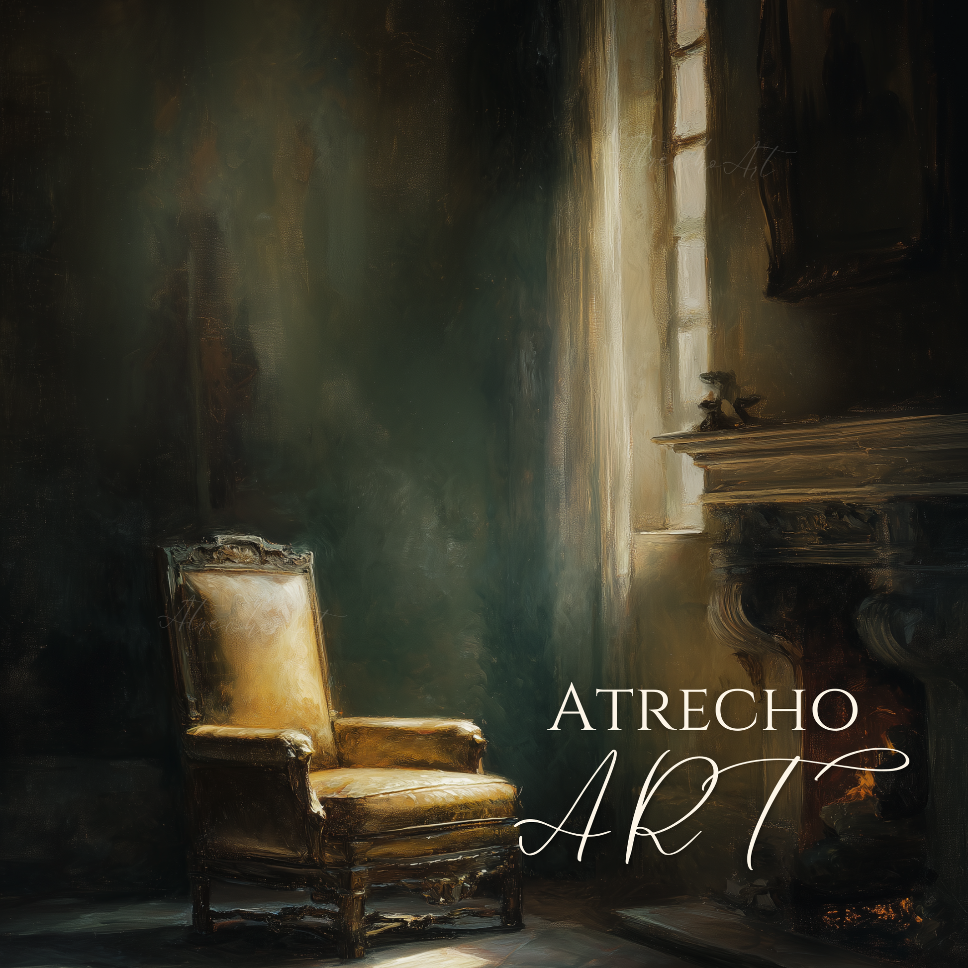 Vintage interior scene with golden upholstered chair by window in dramatic lighting for dark academia cottagecore decor