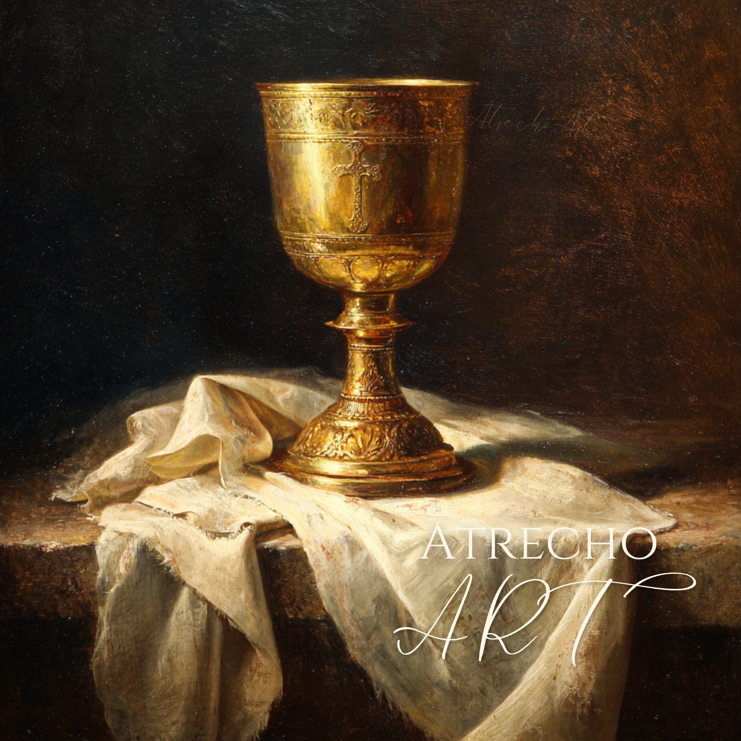 Full golden communion chalice print on white altar linen, glowing gold against a dark tenebrist background by Atrecho Art