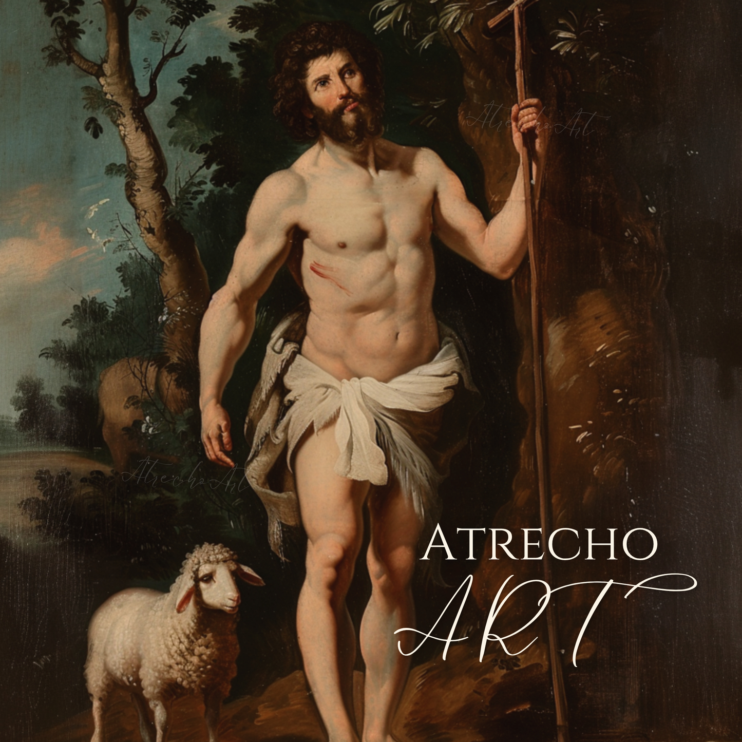 Saint John the Baptist full art print — young herald of Christ with lamb, Murillo-style Spanish Baroque illustration RE09