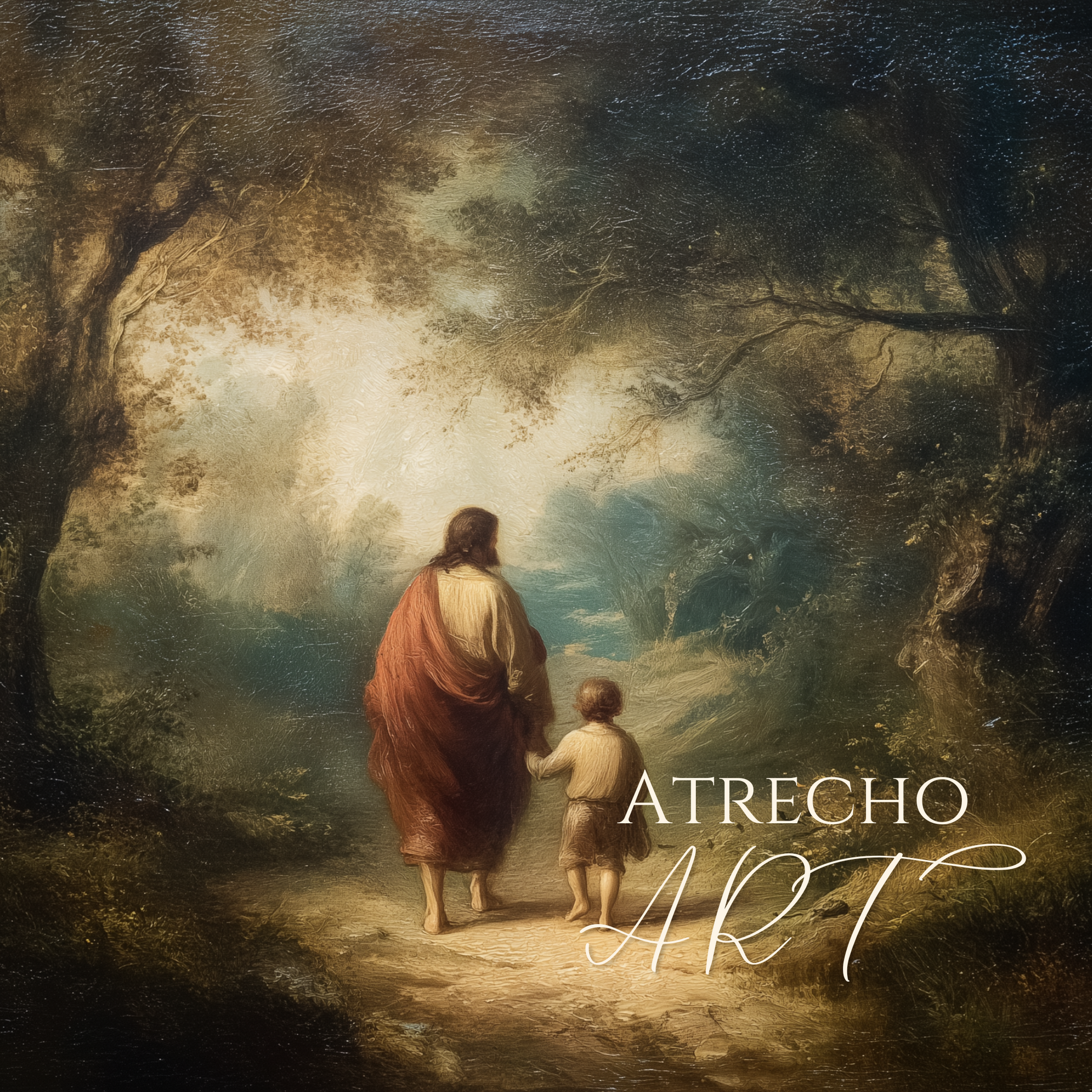 Vintage-inspired Jesus and child art print featuring warm golden lighting in Old World Spanish religious painting style, perfect for Christian home decor and prayer spaces