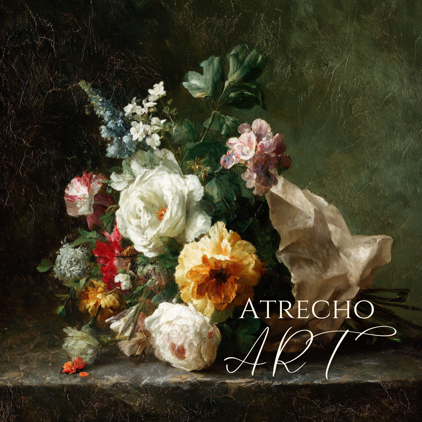 Vintage floral art print featuring dark romantic roses and white flowers against moody background, perfect for European style home decor