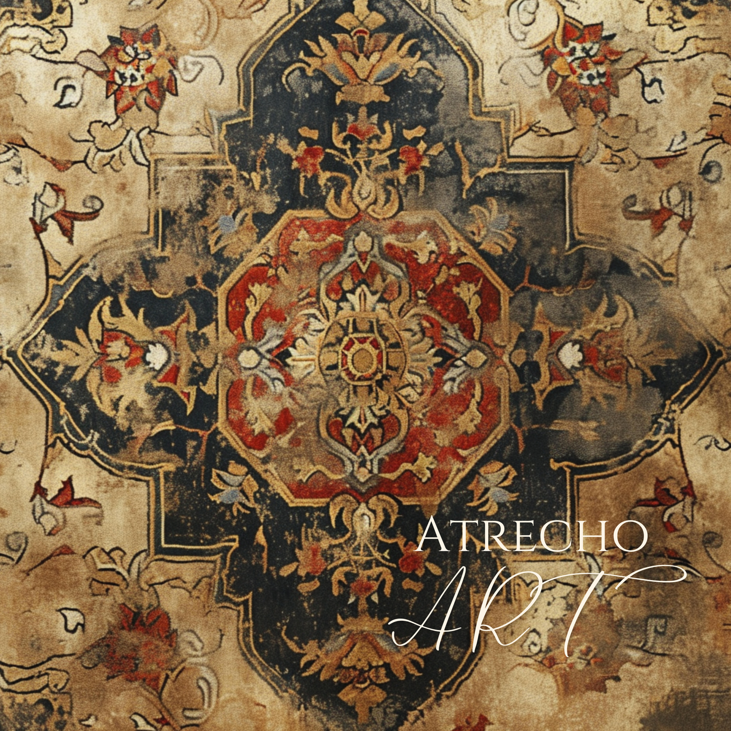 Full antique Persian carpet print, octagonal medallion in oxblood and gold on a faded tan-gold field, by Atrecho Art