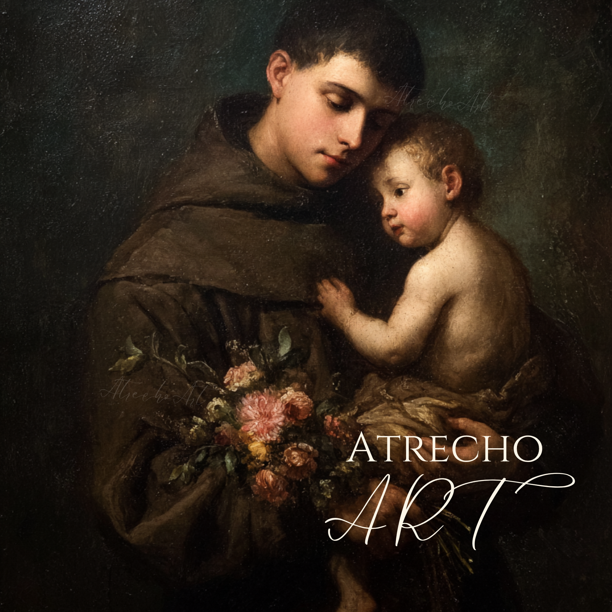 Close-up of Franciscan saint cradling Christ Child and pink blossoms — classical religious oil painting print, archival quality matte finish