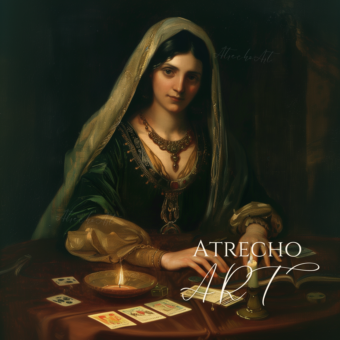 Fortune teller portrait artwork in candlelit baroque style, mystical dark cottagecore wall art for bohemian home decor