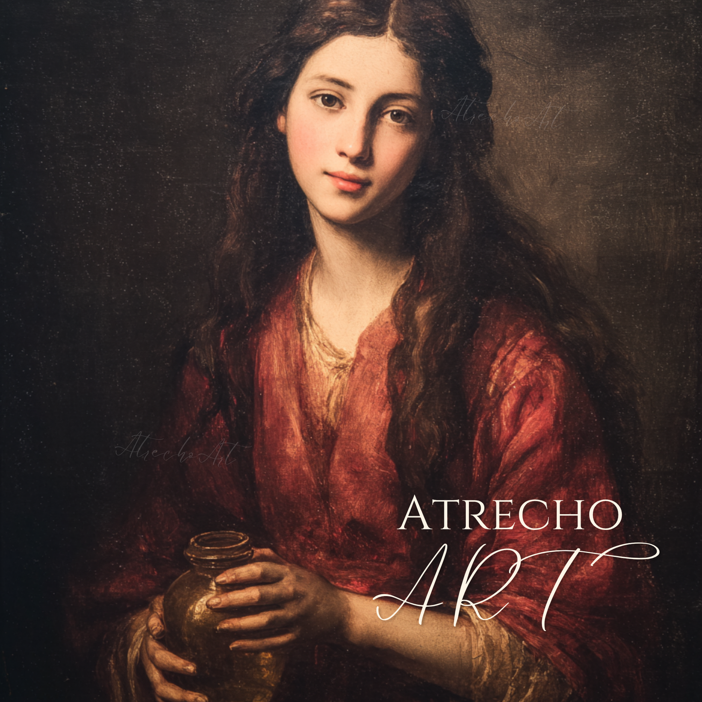 Mary Magdalene holding golden alabaster jar, crimson robes against dark Baroque background — Old Master religious portrait RE10 by Atrecho Art
