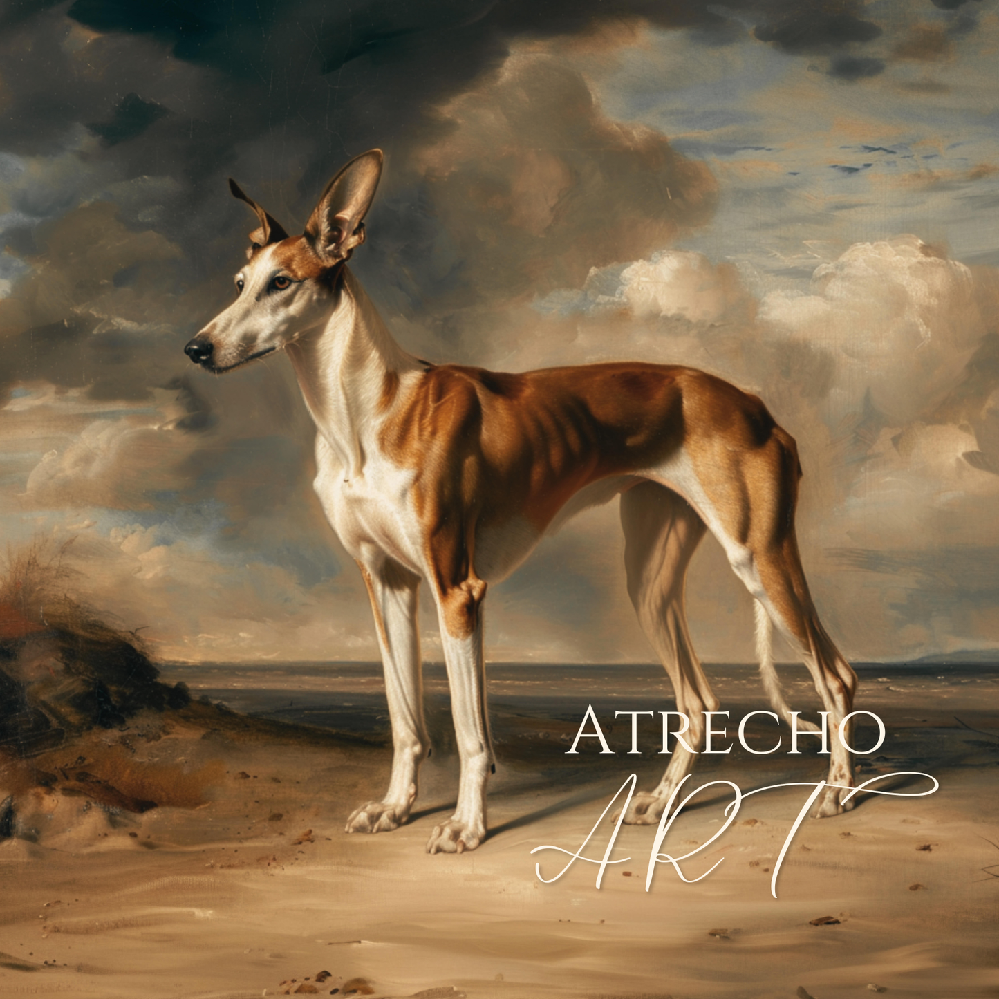 Ibizan Hound full art print close-up — Baroque portrait of ancient Spanish sighthound on stormy coastal beach, AN80 by Atrecho Art