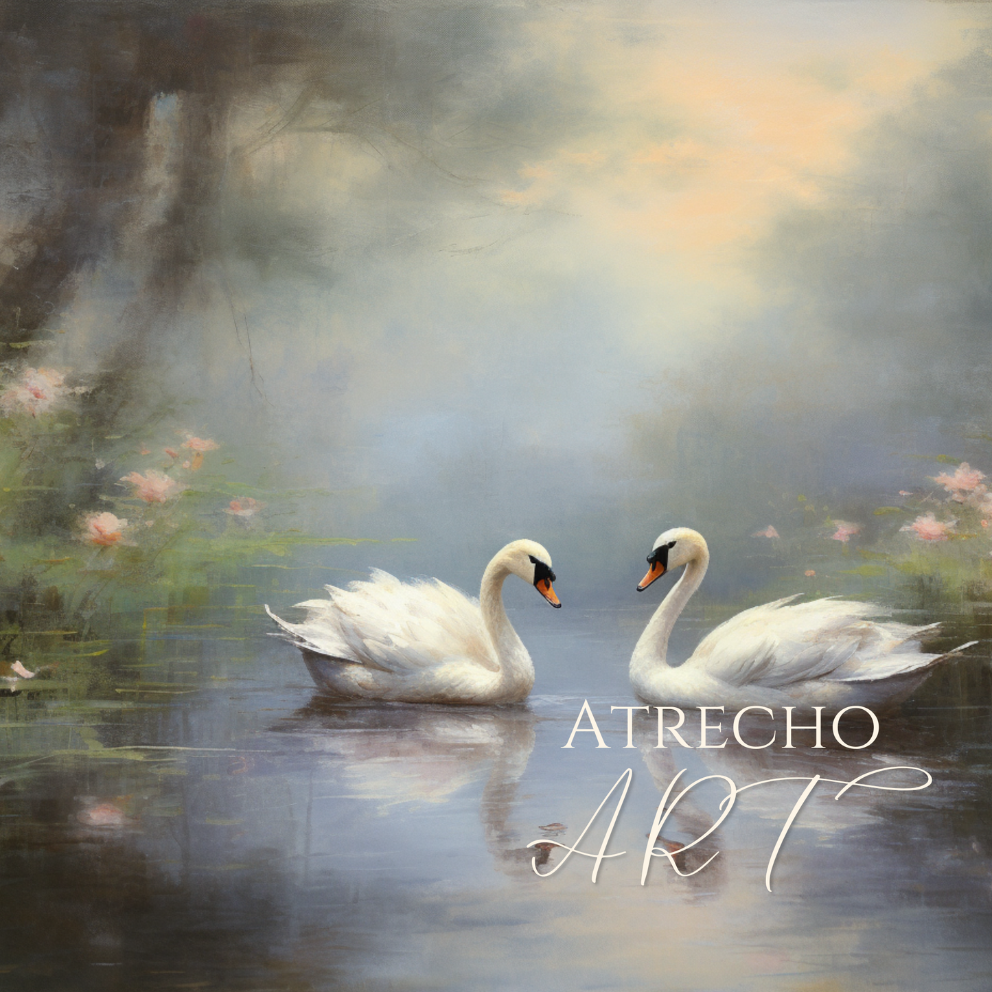Romantic swan painting print — pair of white swans mirrored on a still lake at dawn, peach sky and pink water blossoms