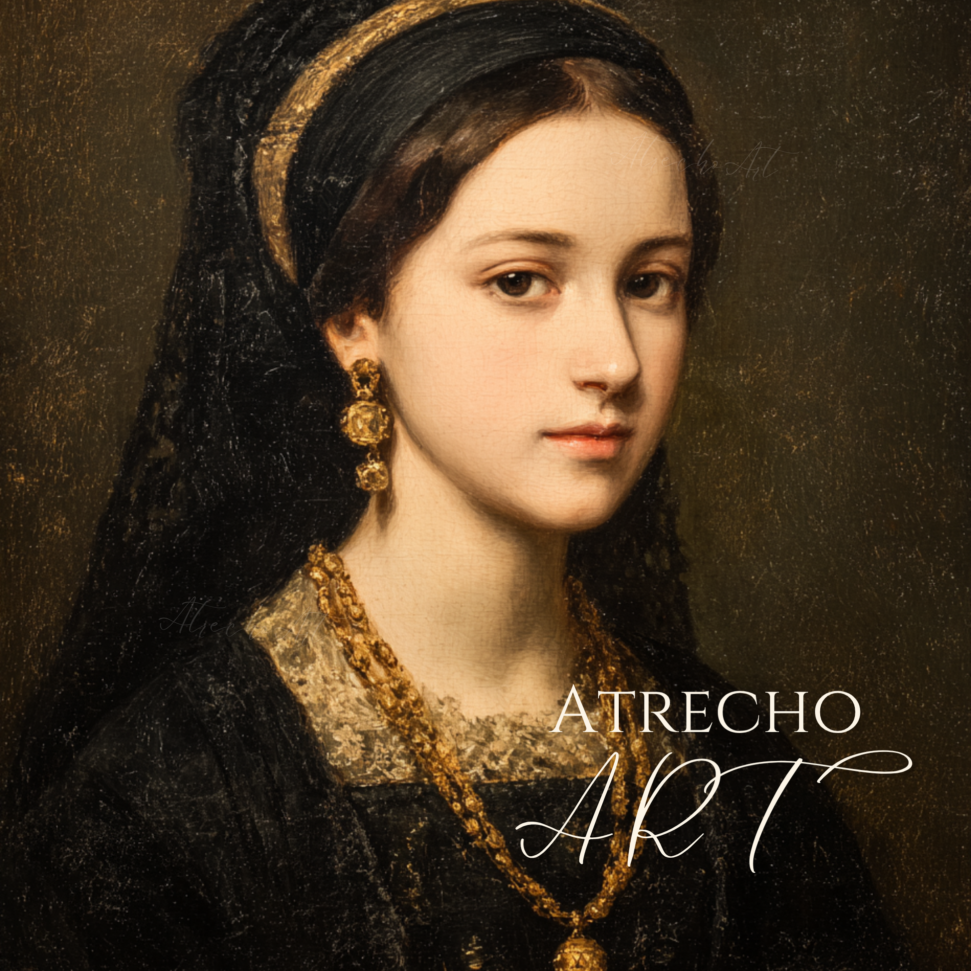 Classical lady with black headband and gold ornaments wearing dark Renaissance-style clothing, displayed in ornate gold frame against cream linen background—Old World portrait art print by Atrecho Art