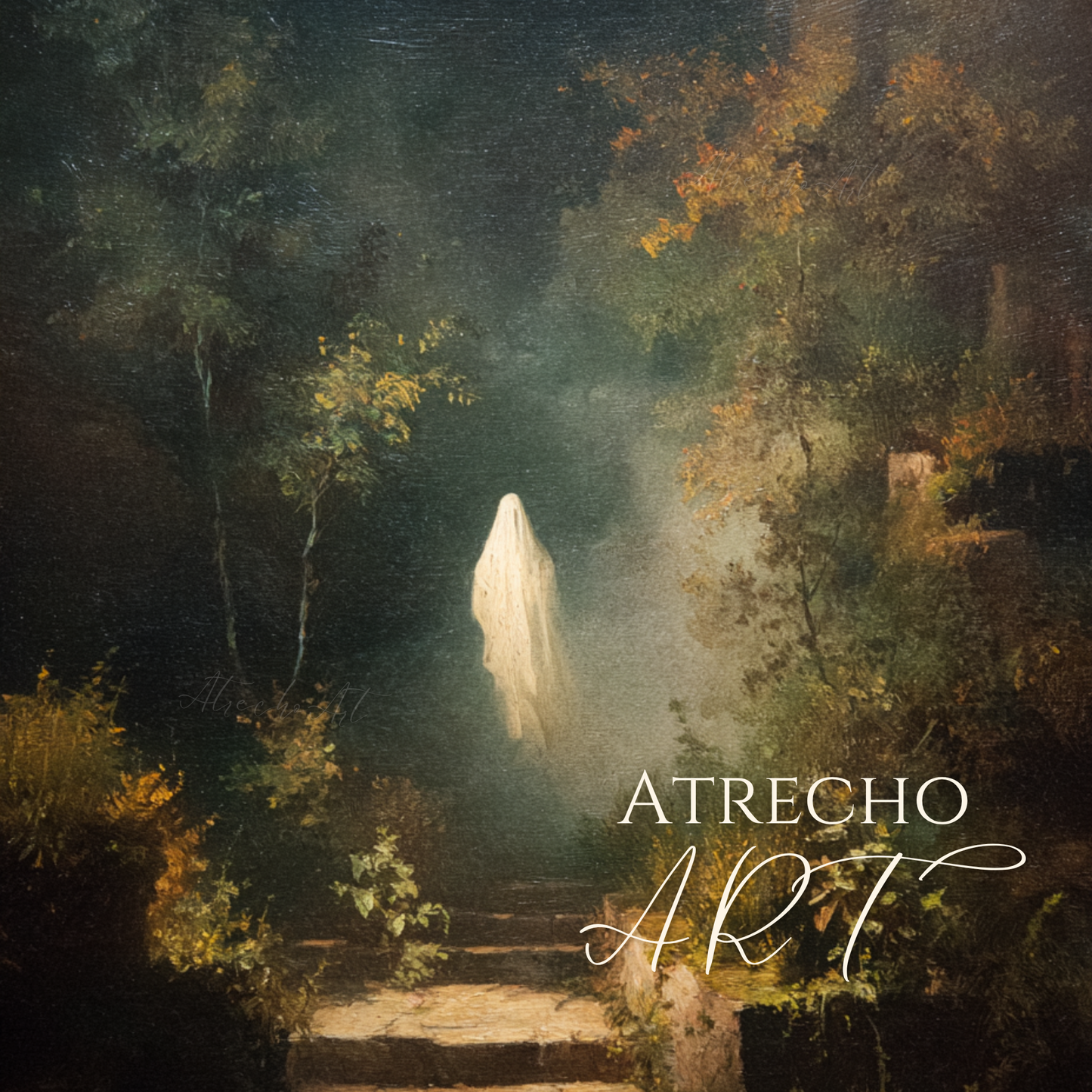 Ghost garden art print featuring ethereal white spirit ascending weathered stone steps in dark overgrown garden with golden autumn foliage and moody lighting