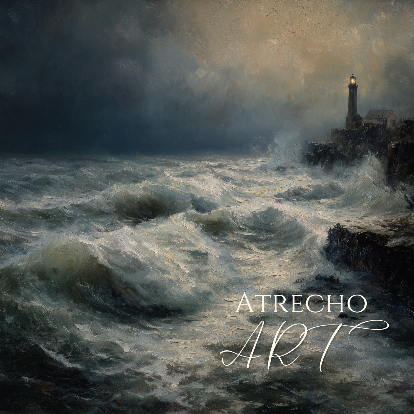 Old Master lighthouse art print — rocky cliff, churning ocean waves, beacon breaking through storm clouds, NA02 by Atrecho Art