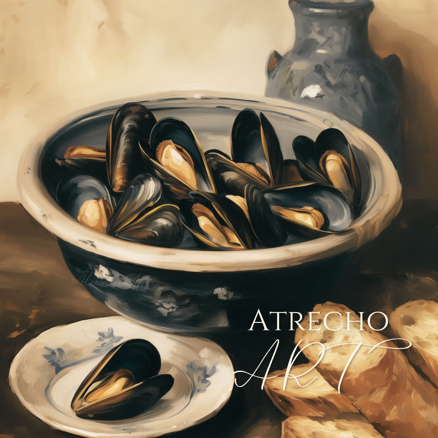 Blue-and-white bowl of glossy black mussels beside a crock and sliced baguette on a dark table, full print by Atrecho Art